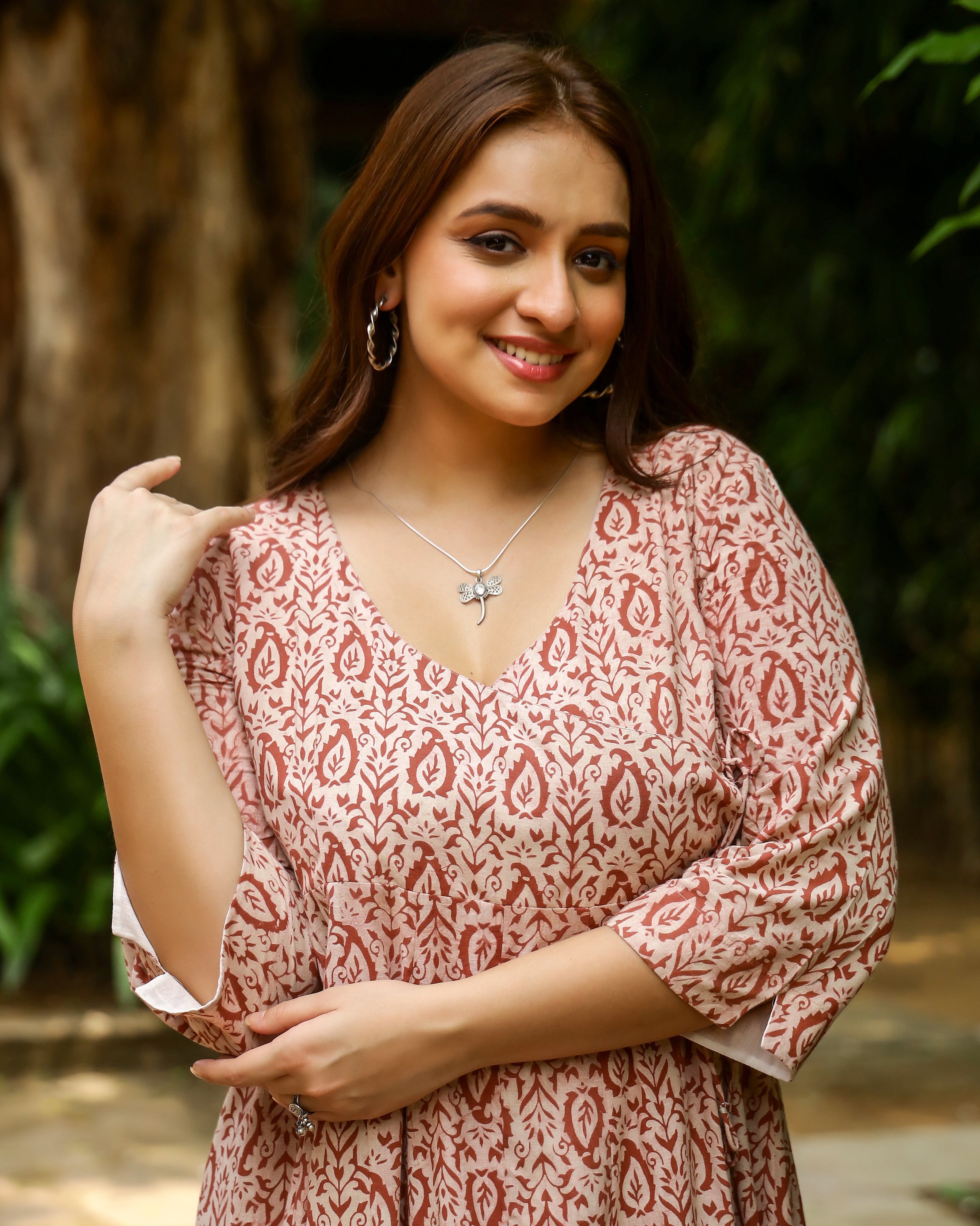 Peach Dabu Printed Angrakha Cotton Dress