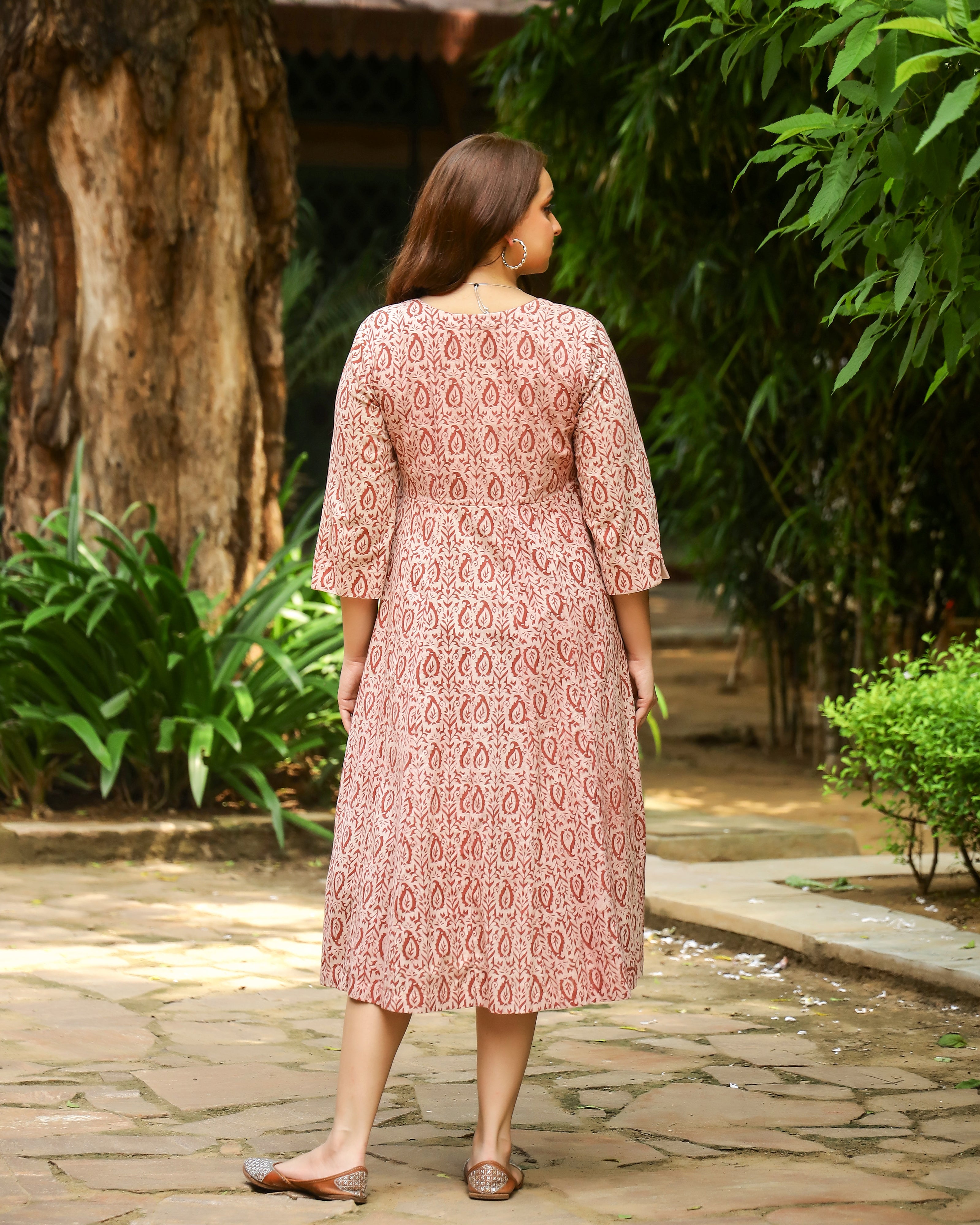 Peach Dabu Printed Angrakha Cotton Dress