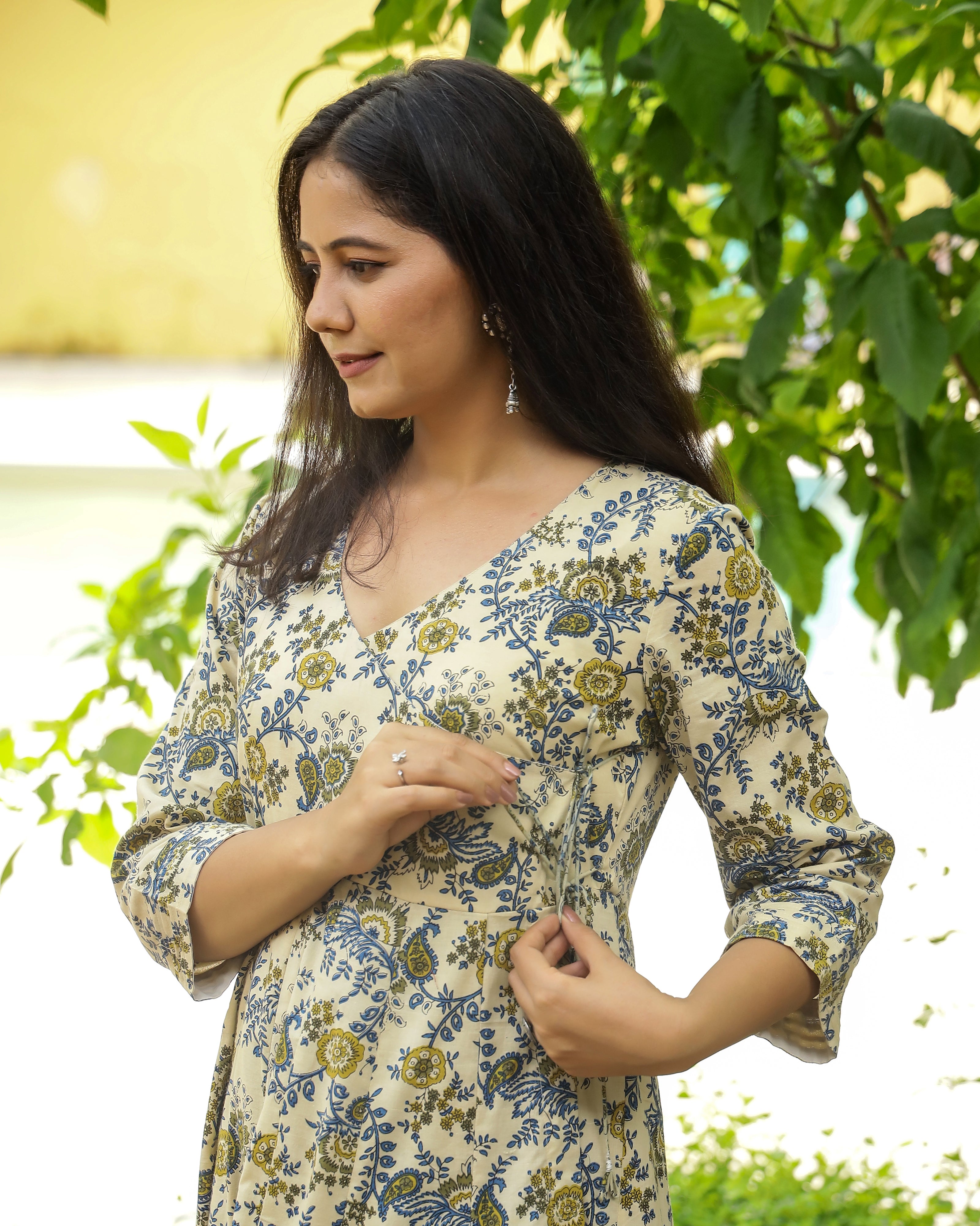 Ivory Bagru Print Cotton Angrakha Dress
