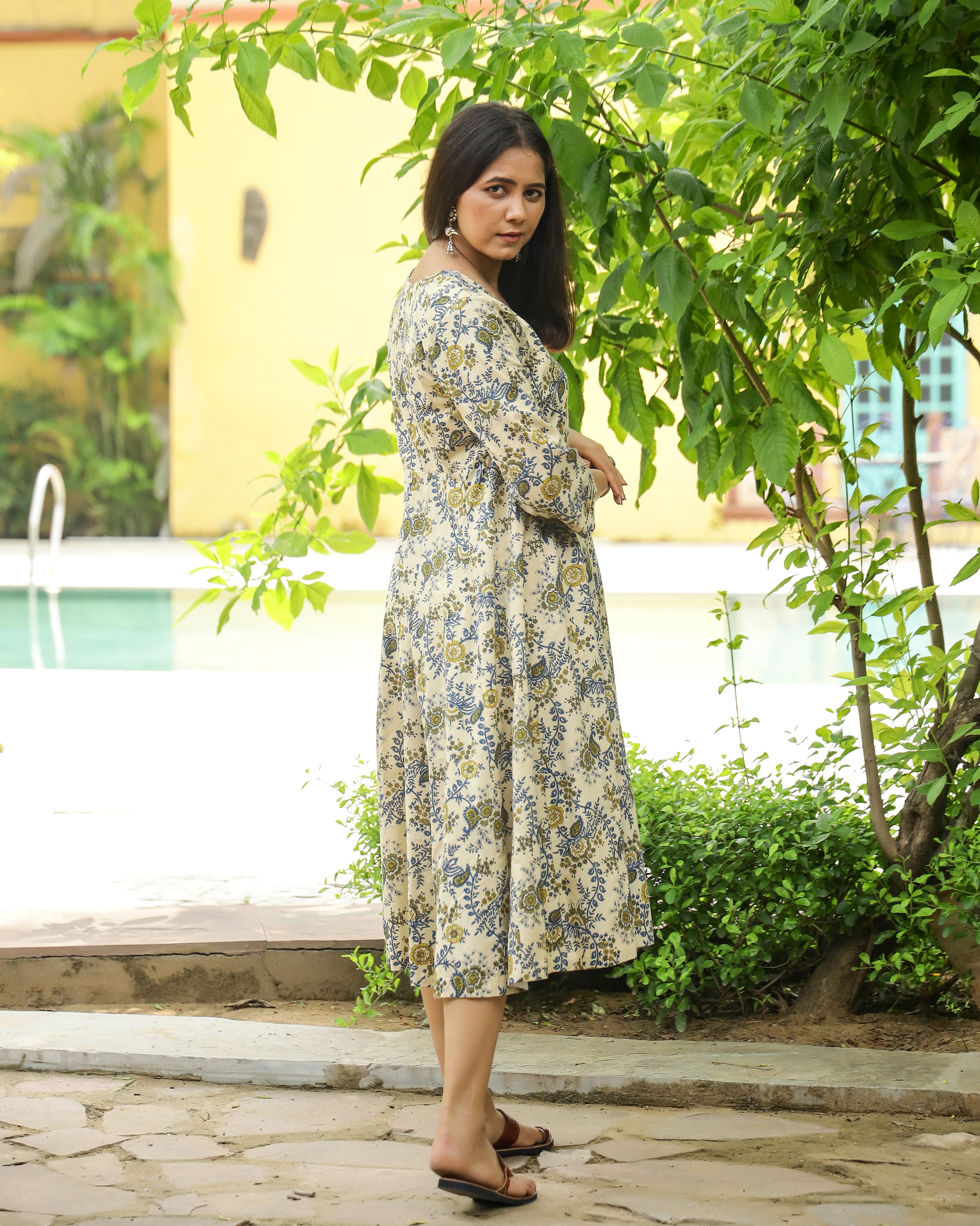 Ivory Bagru Print Cotton Angrakha Dress