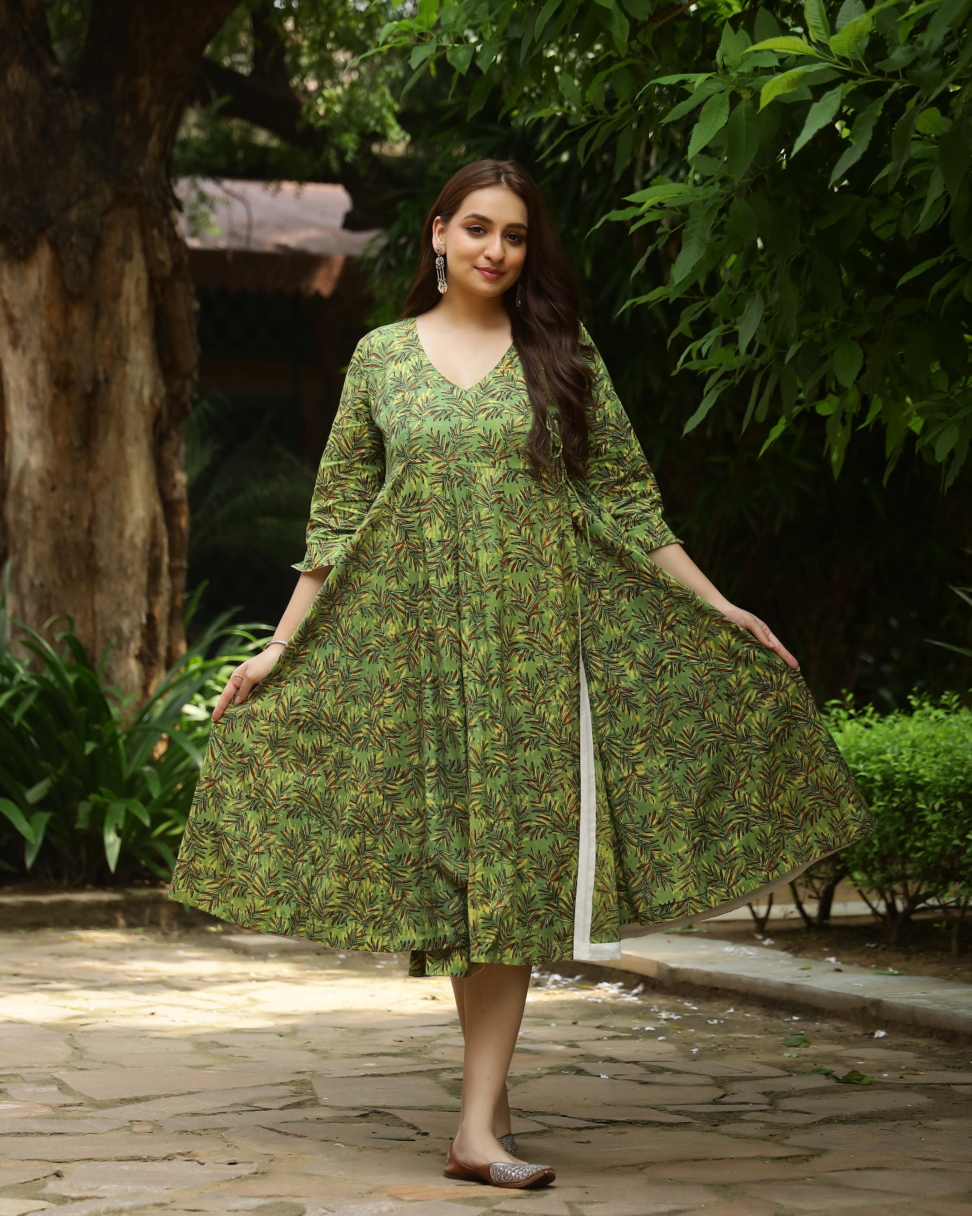 Green Dabu Printed Angrakha Cotton Dress