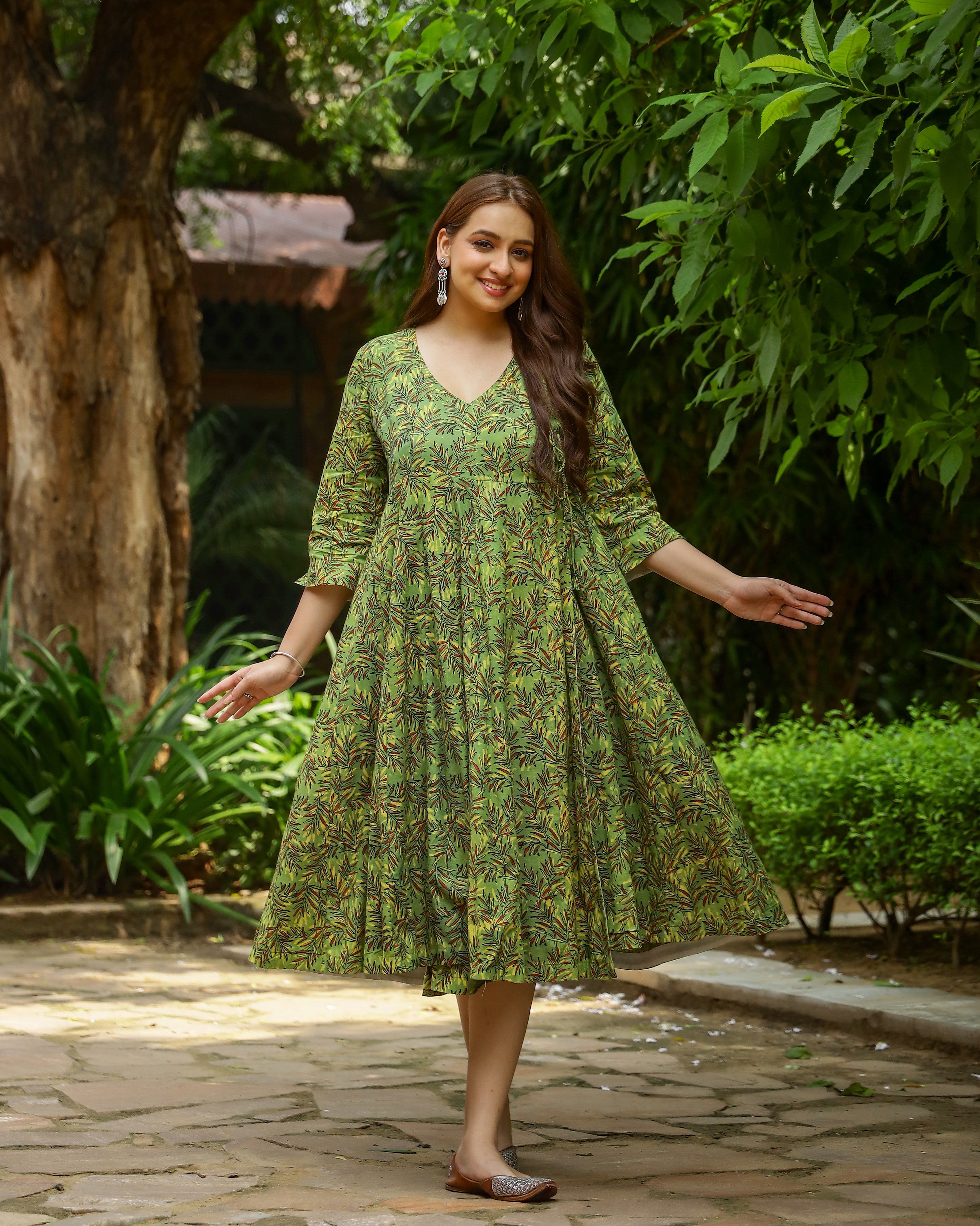 Green Dabu Printed Angrakha Cotton Dress