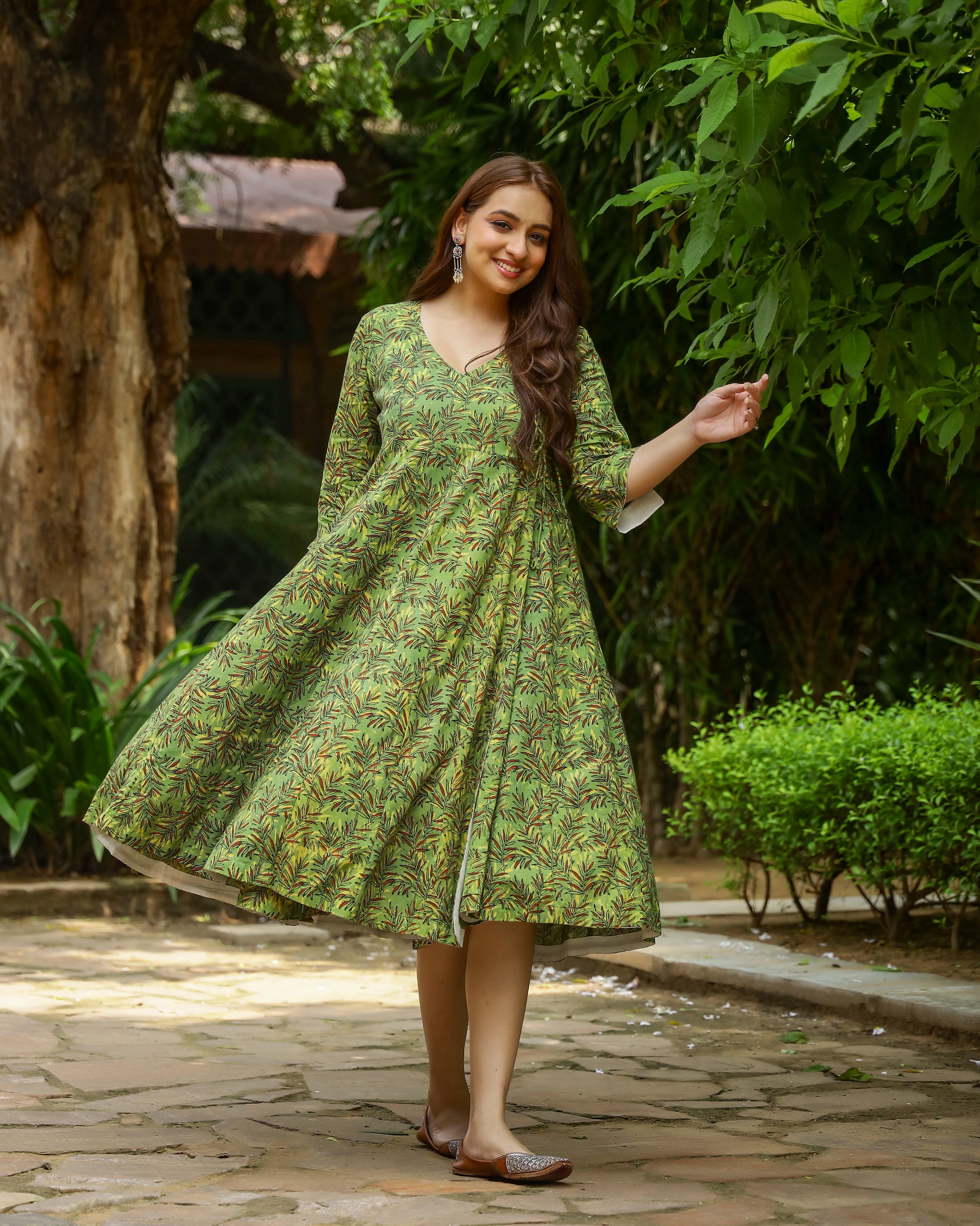 Green Dabu Printed Angrakha Cotton Dress