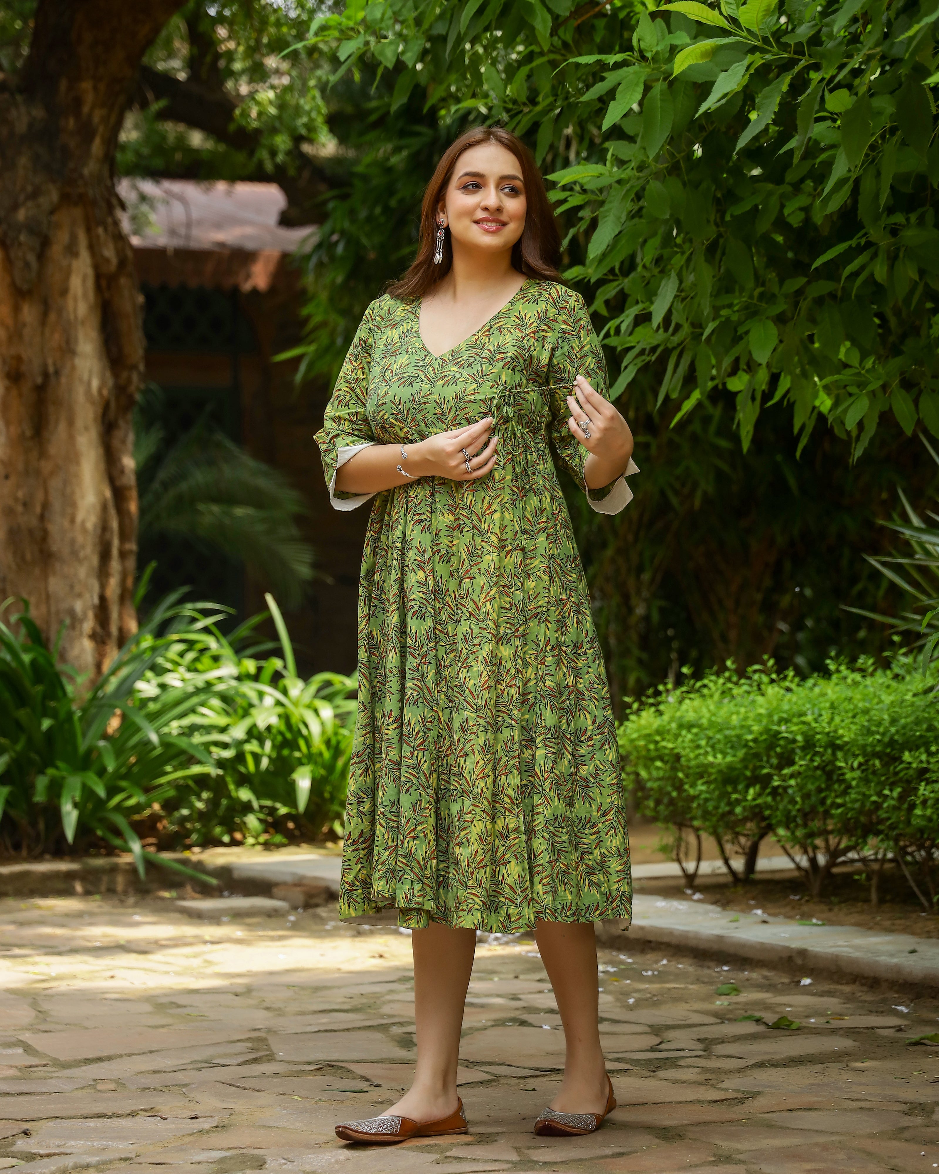 Green Dabu Printed Angrakha Cotton Dress