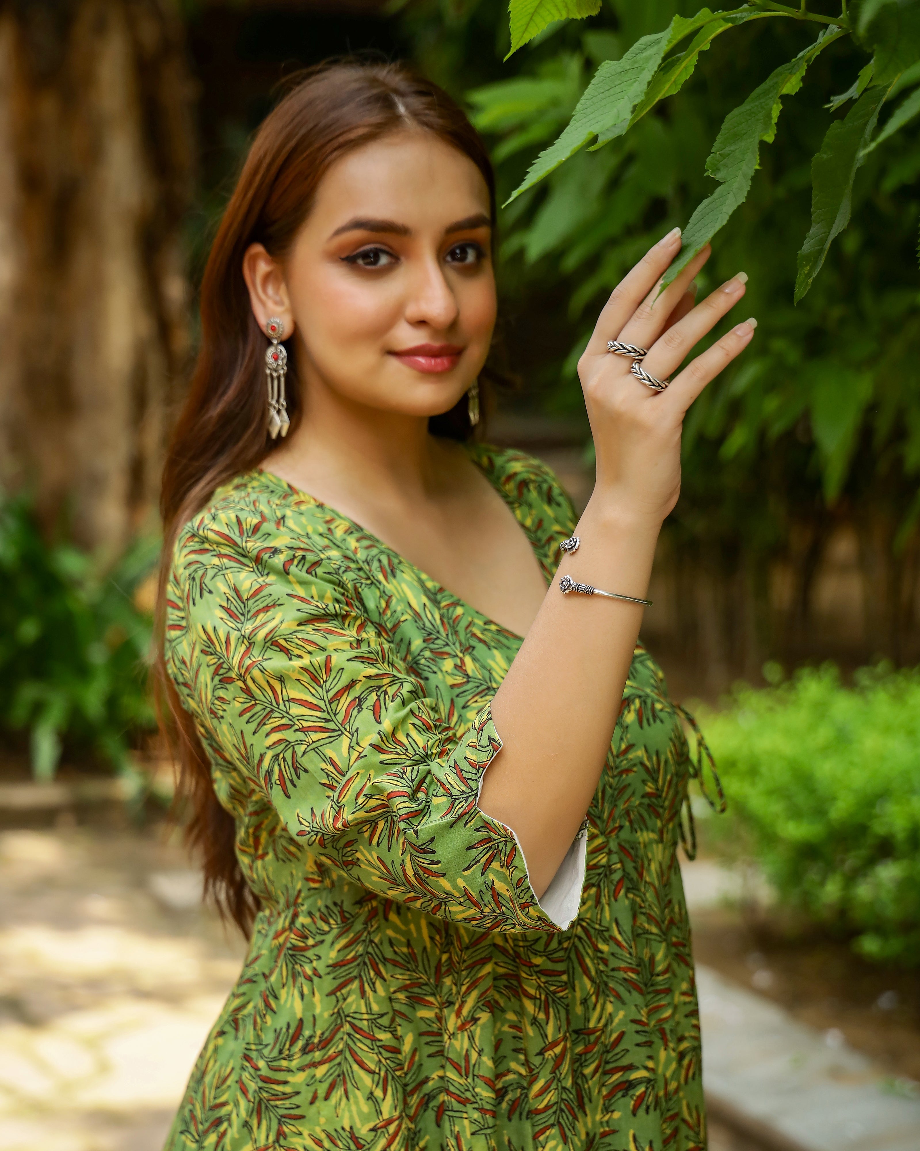 Green Dabu Printed Angrakha Cotton Dress