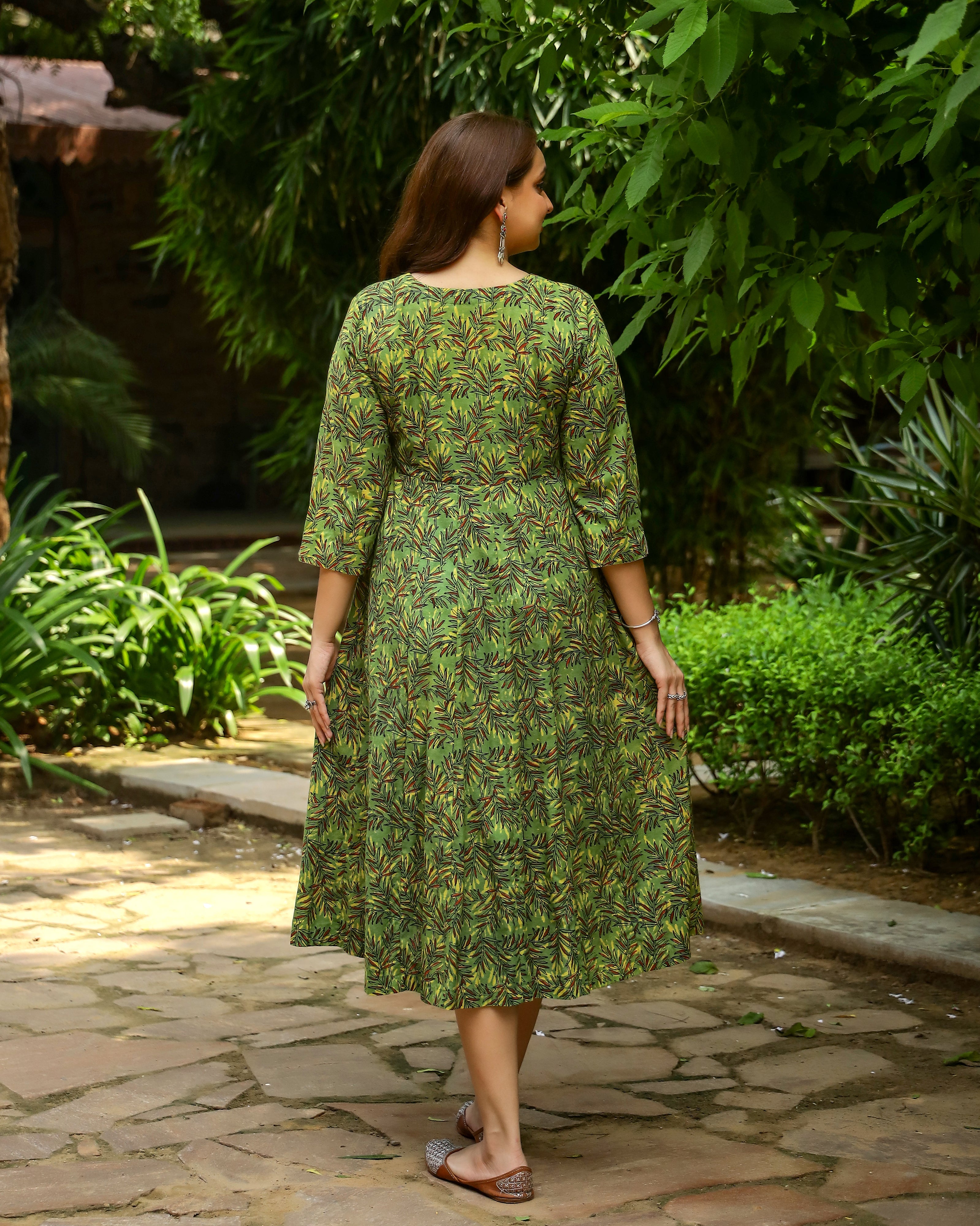 Green Dabu Printed Angrakha Cotton Dress
