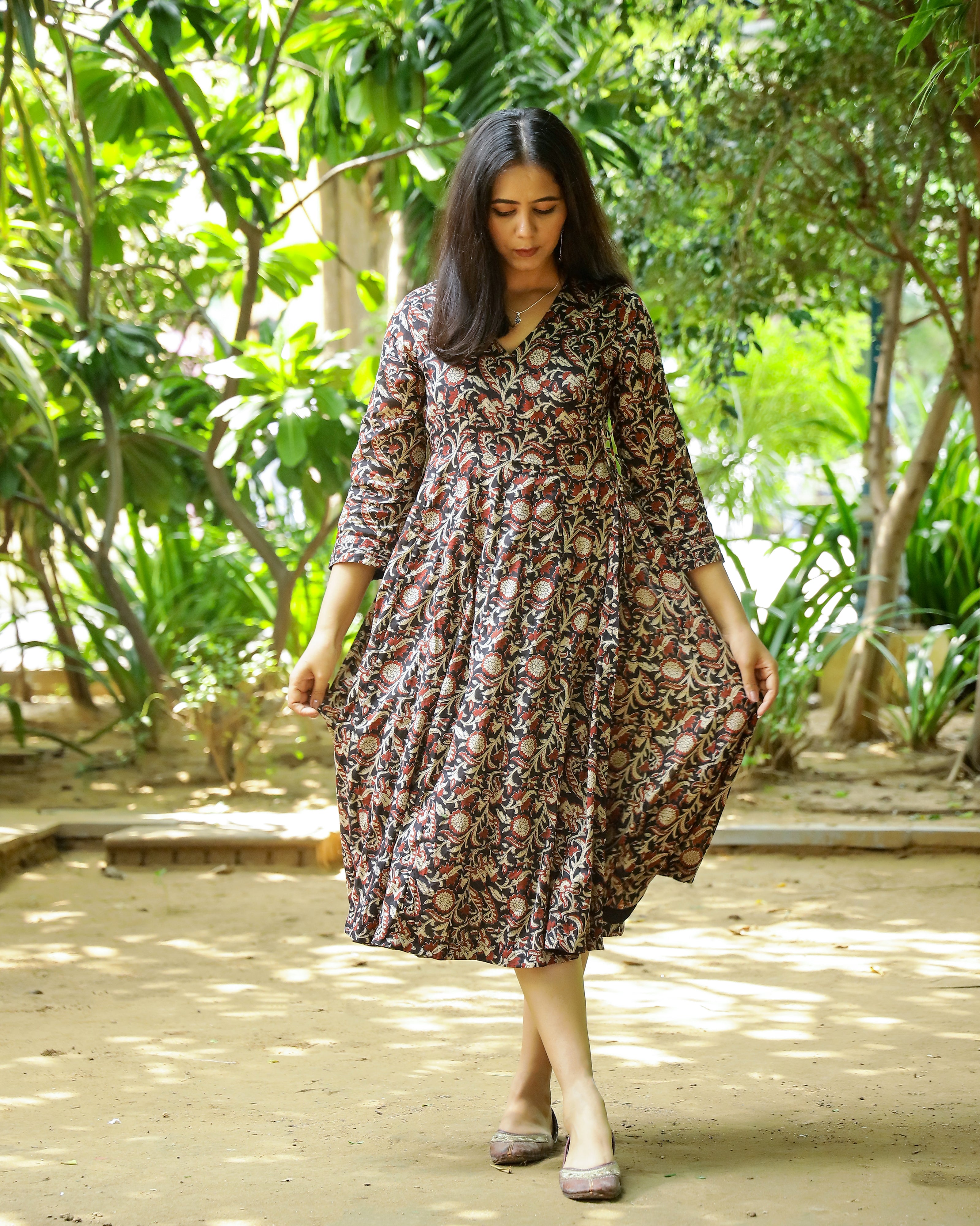 Black Bagru Jaal Printed Cotton Angrakha Dress