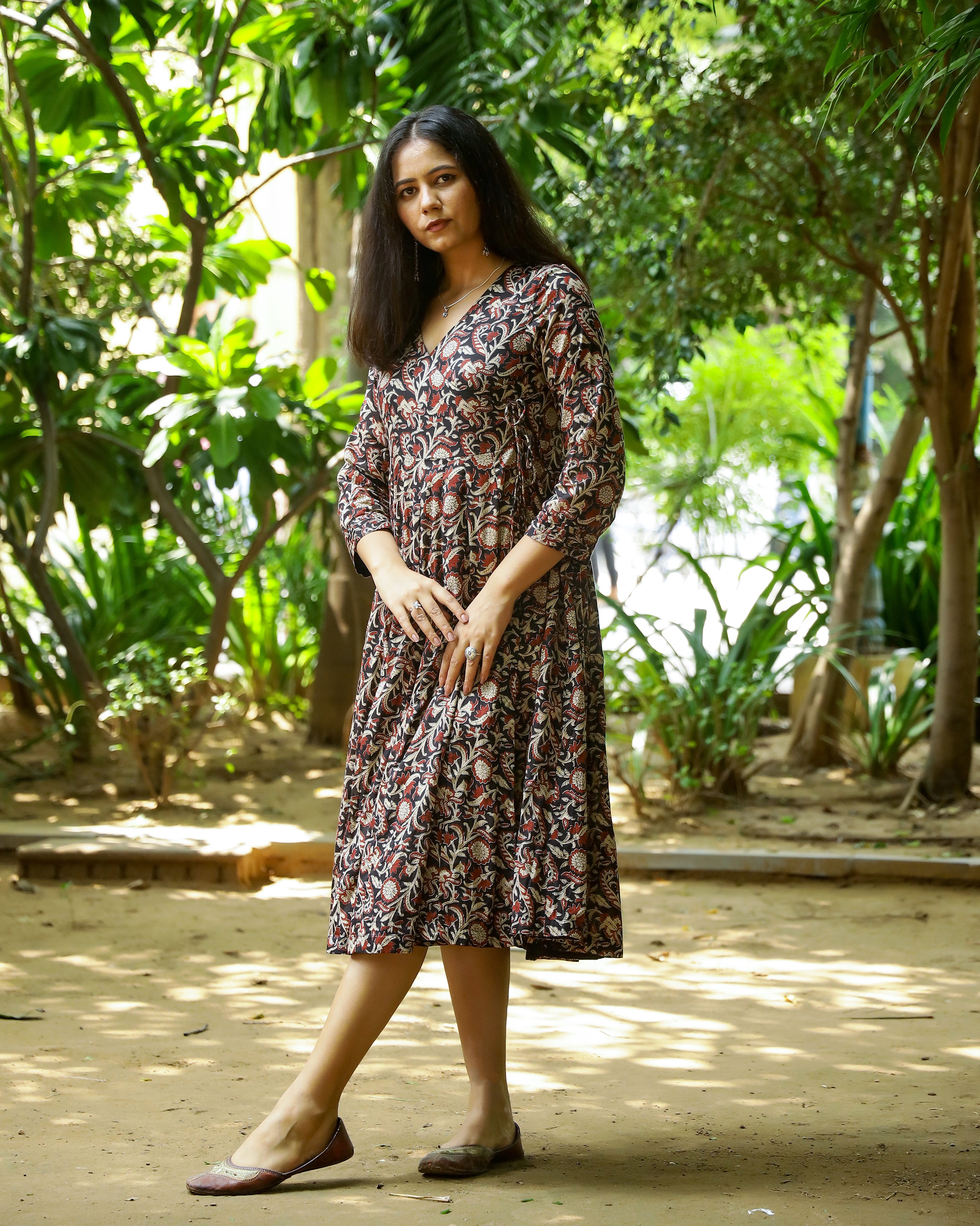 Black Bagru Jaal Printed Cotton Angrakha Dress