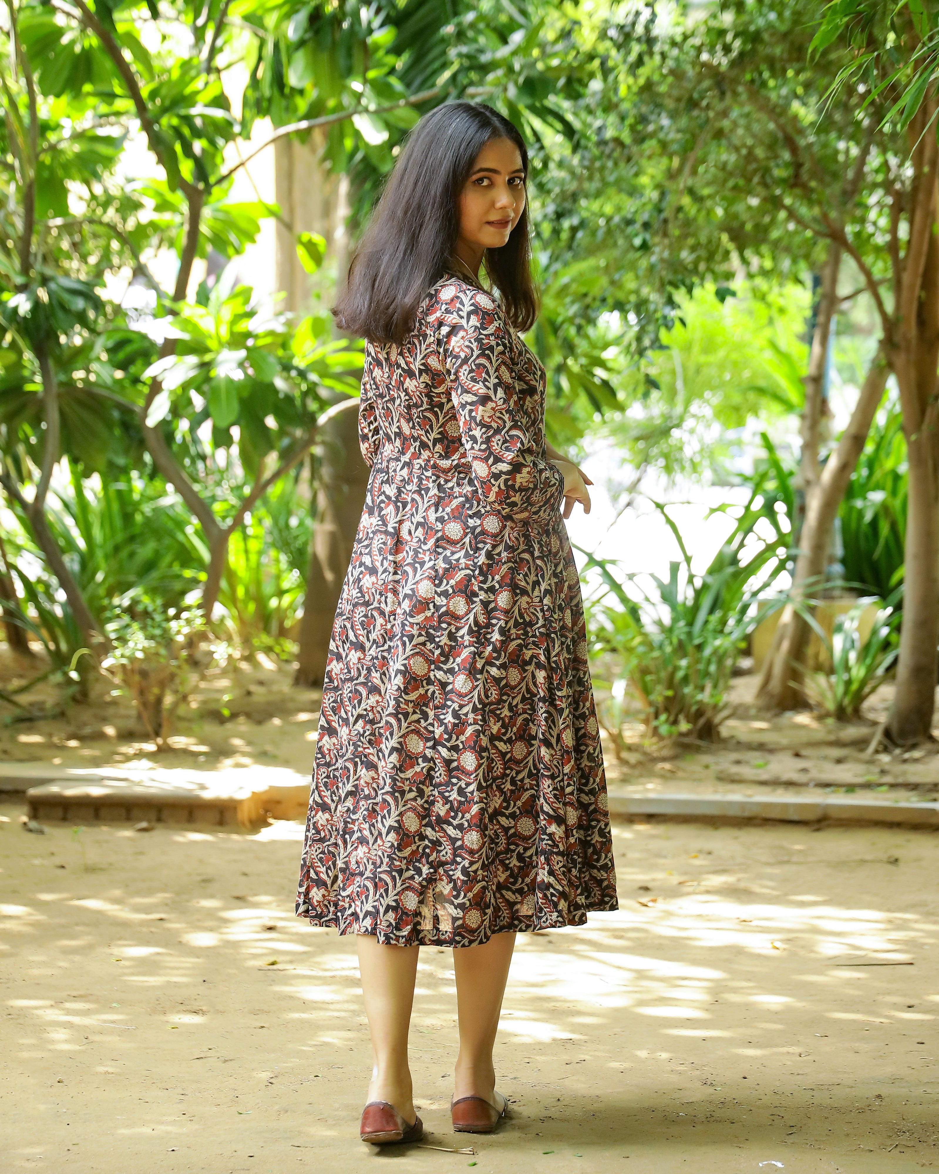 Black Bagru Jaal Printed Cotton Angrakha Dress