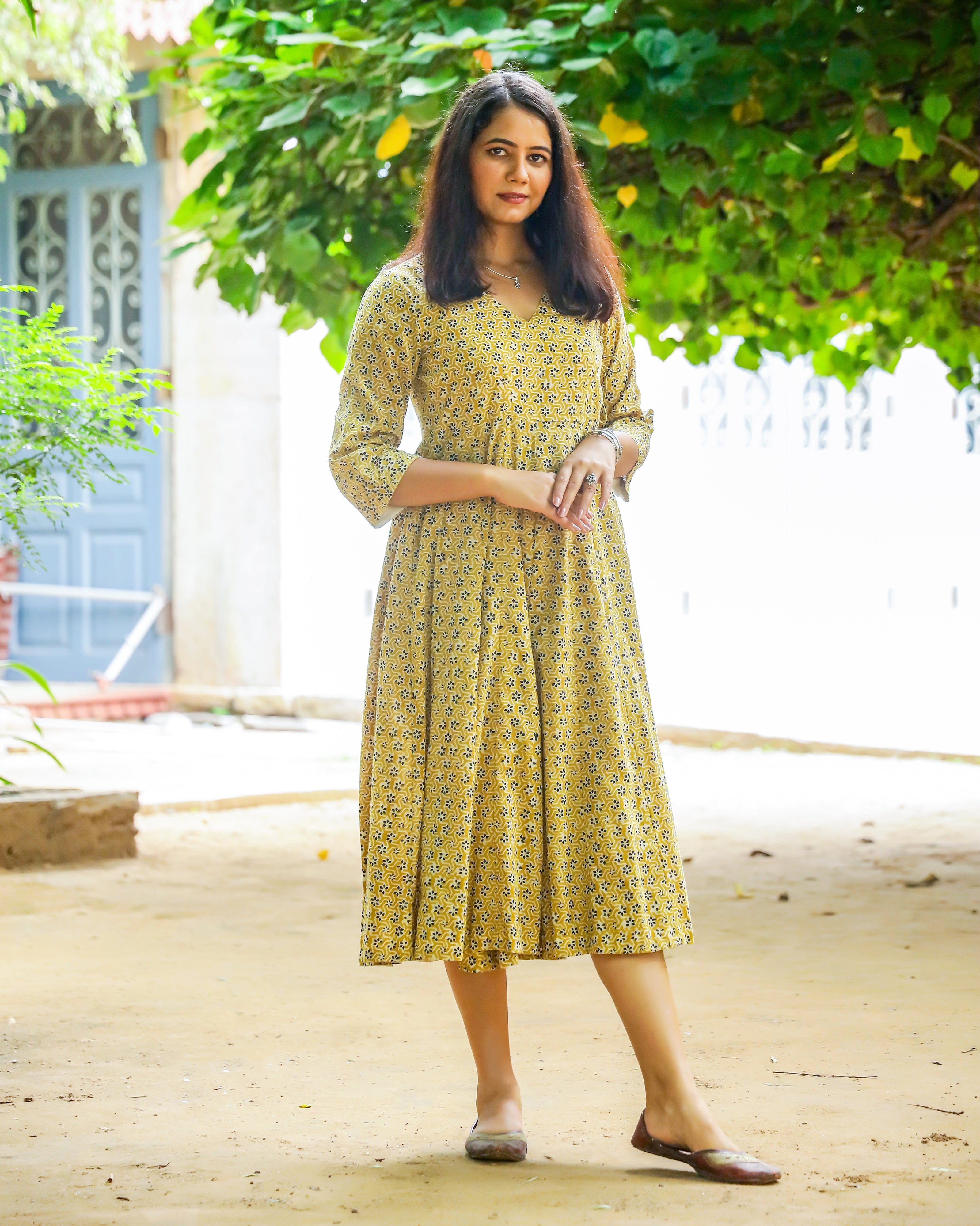 Mustard Bagru Butti Print Cotton Angrakha Dress