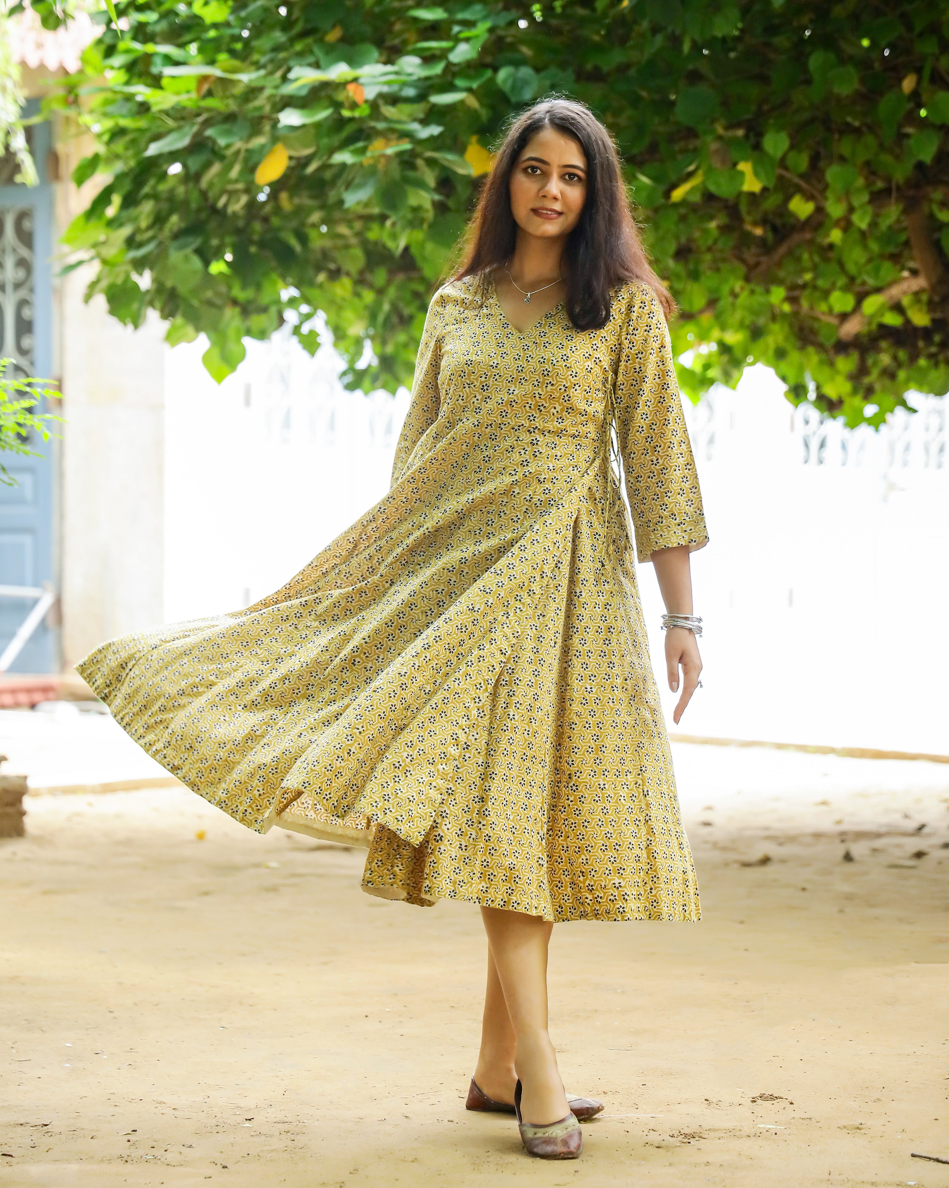 Mustard Bagru Butti Print Cotton Angrakha Dress