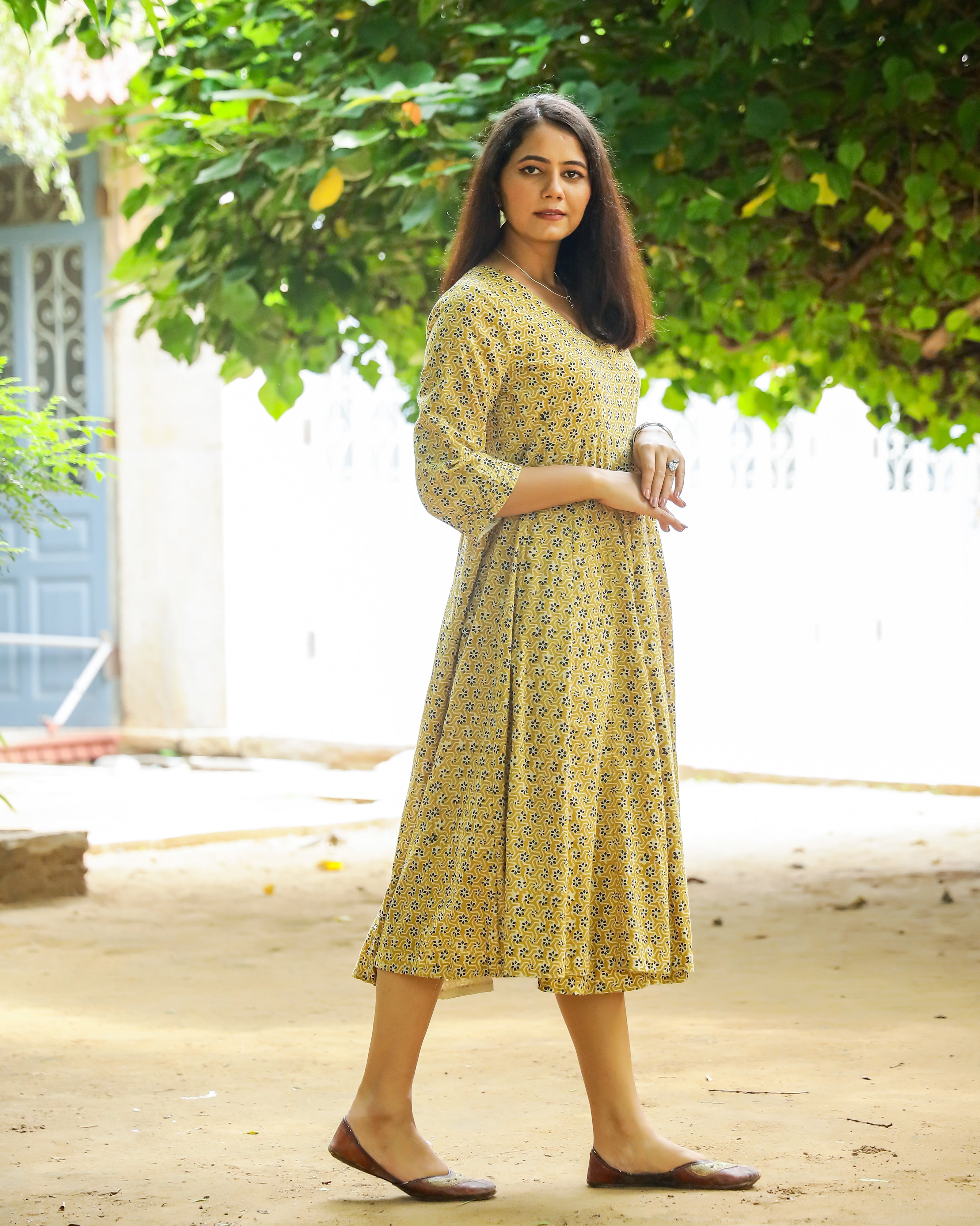 Mustard Bagru Butti Print Cotton Angrakha Dress