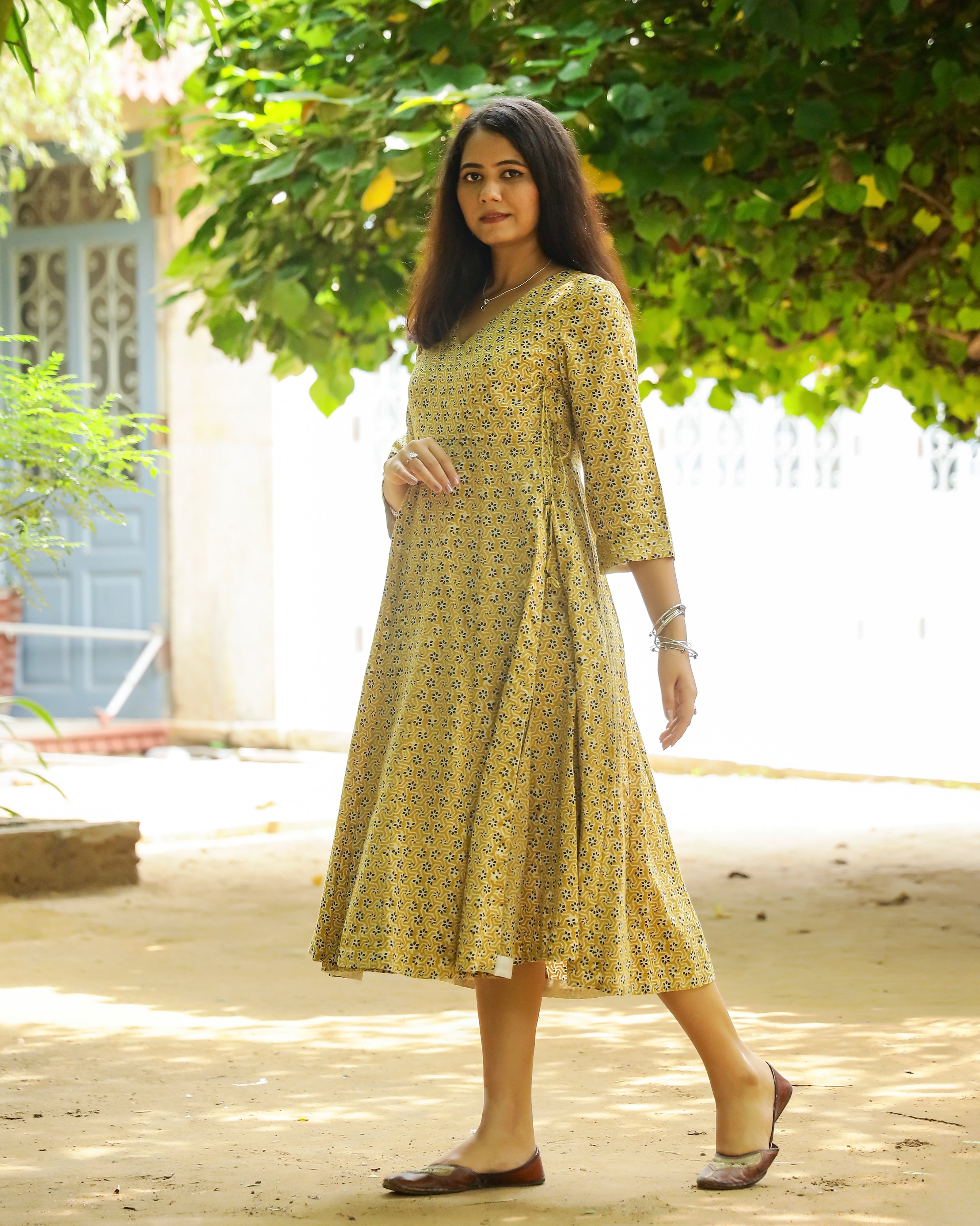 Mustard Bagru Butti Print Cotton Angrakha Dress