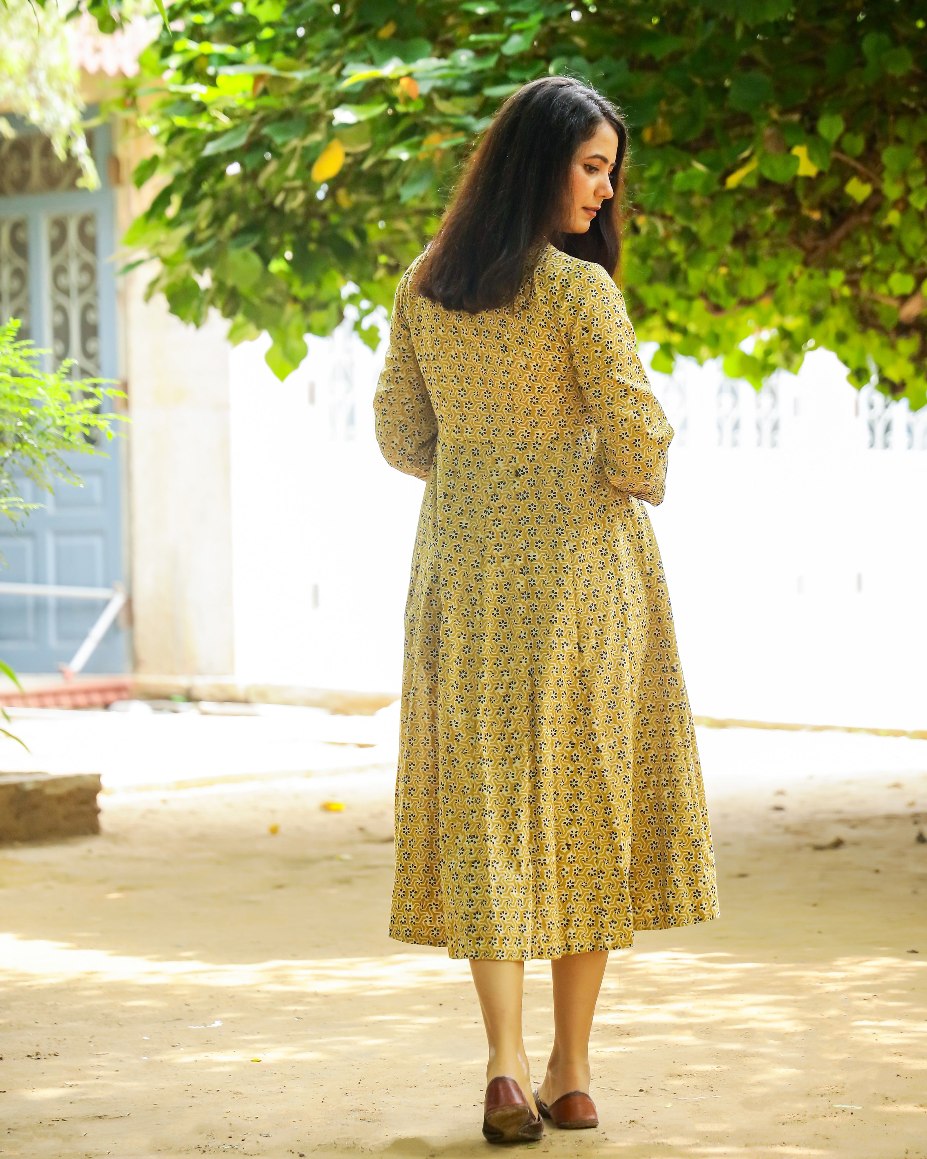 Mustard Bagru Butti Print Cotton Angrakha Dress