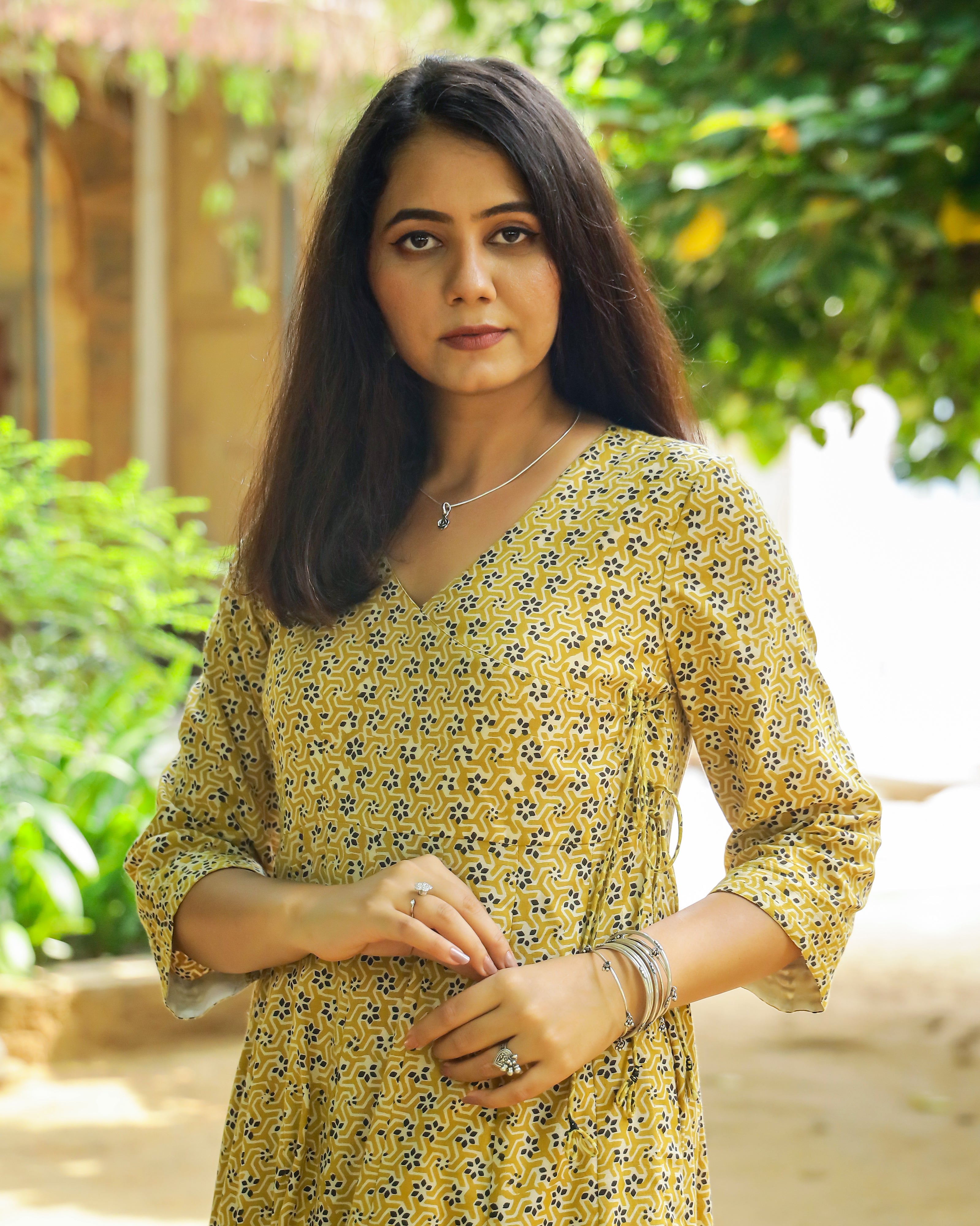 Mustard Bagru Butti Print Cotton Angrakha Dress