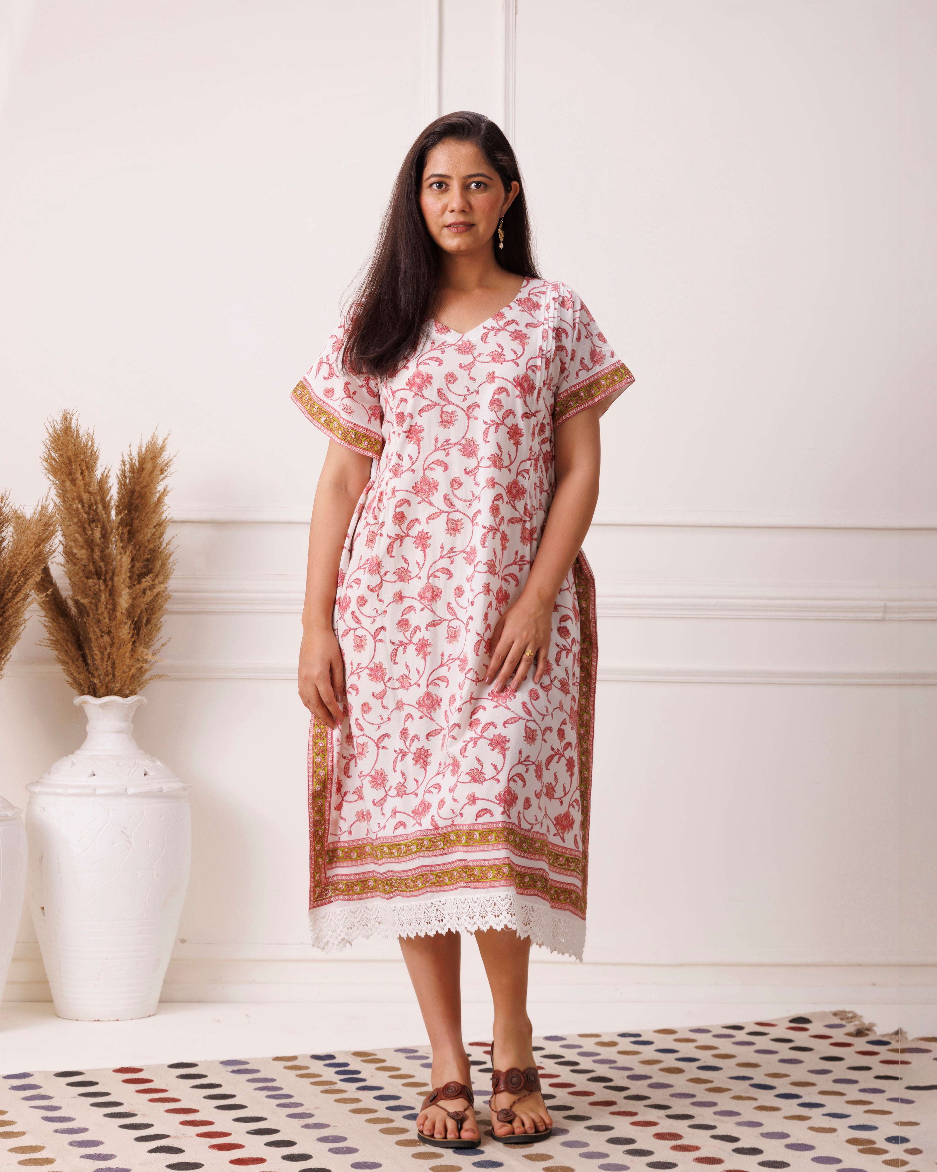 Rose Pink Floral Handblock Printed Cotton Kaftan