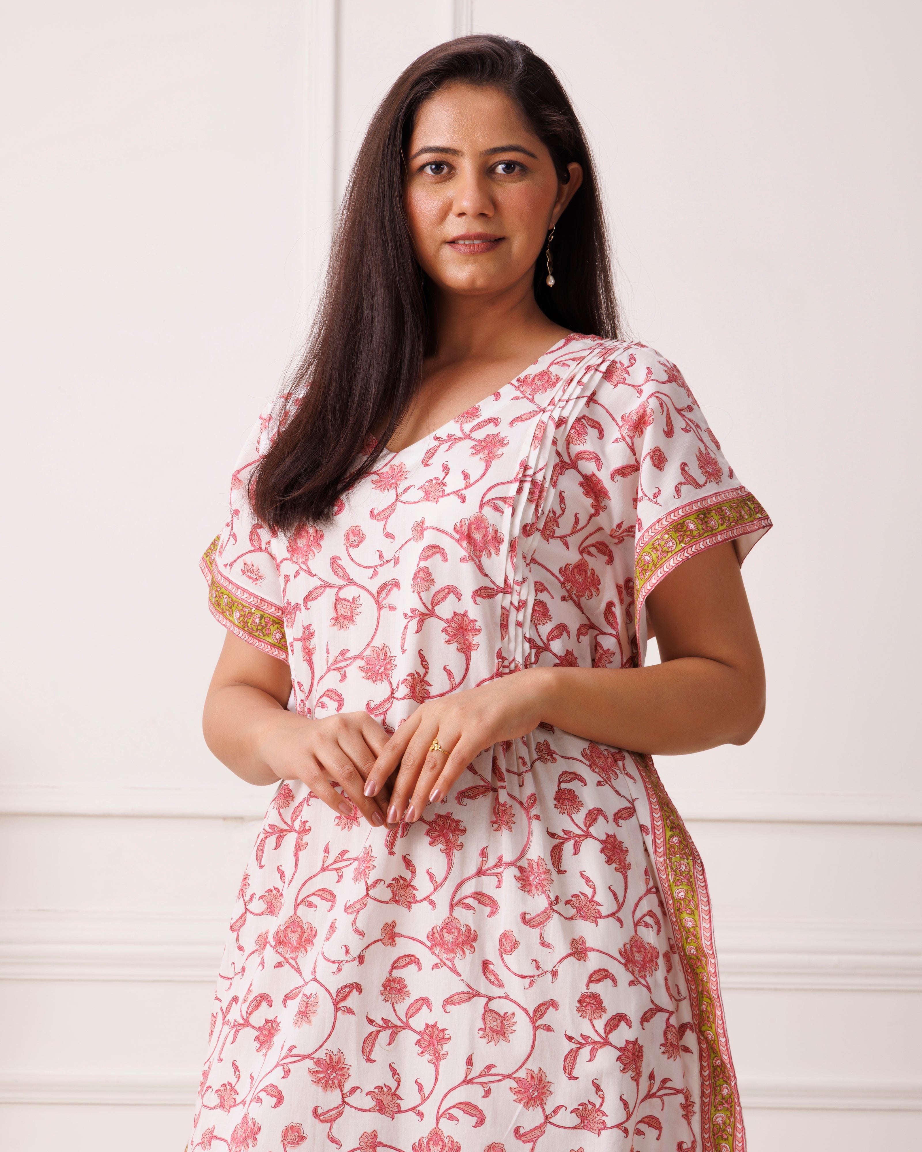 Rose Pink Floral Handblock Printed Cotton Kaftan