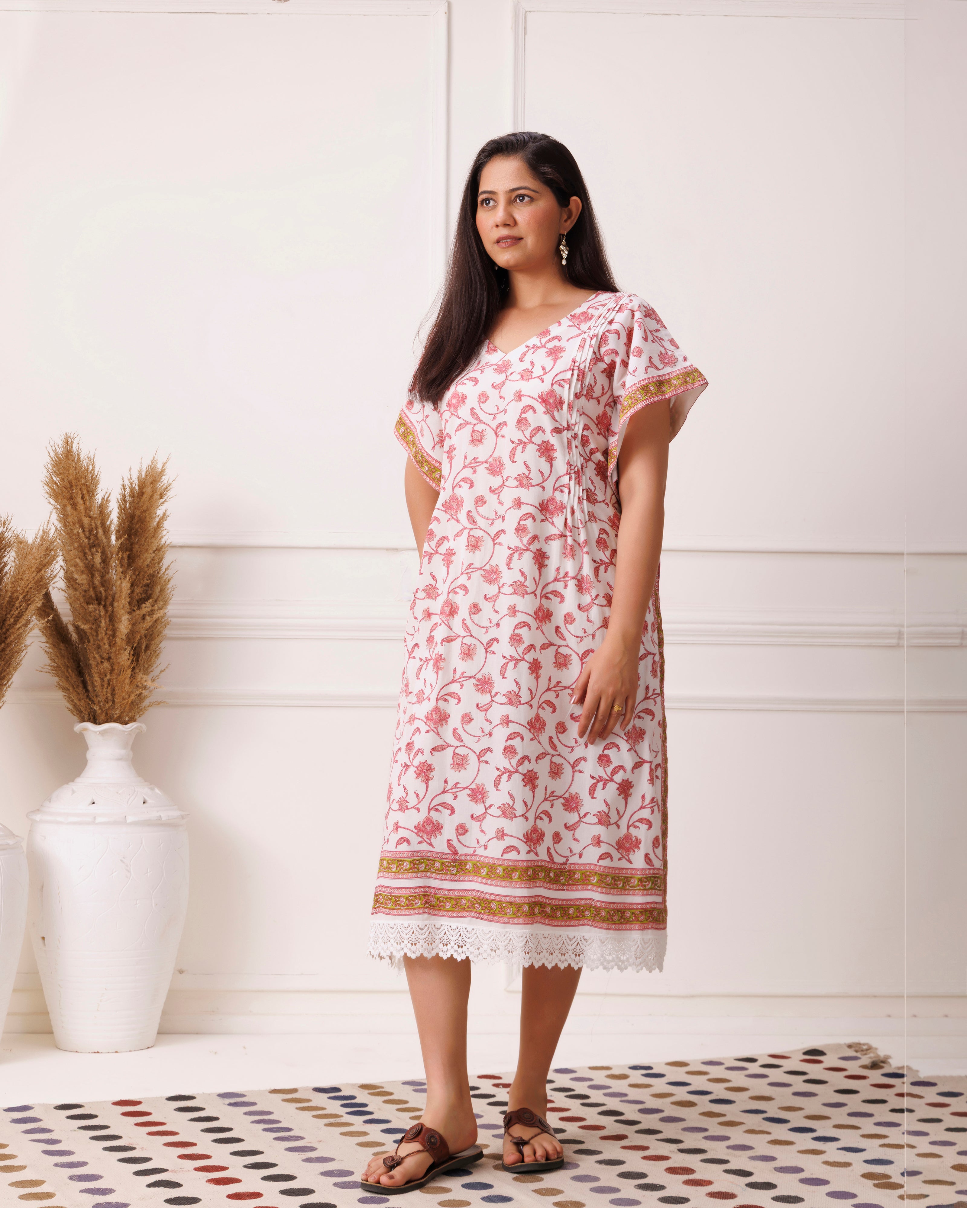 Rose Pink Floral Handblock Printed Cotton Kaftan