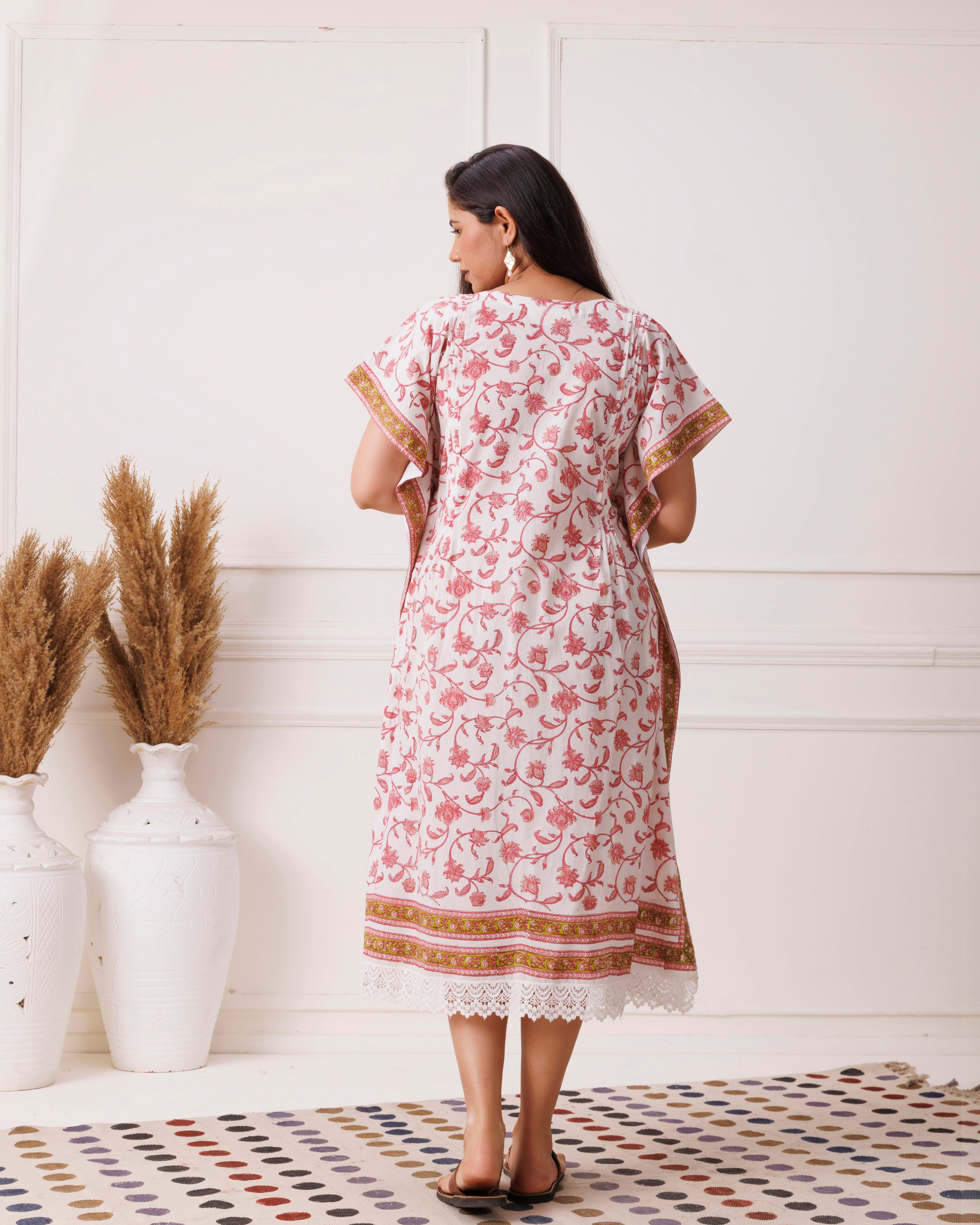 Rose Pink Floral Handblock Printed Cotton Kaftan