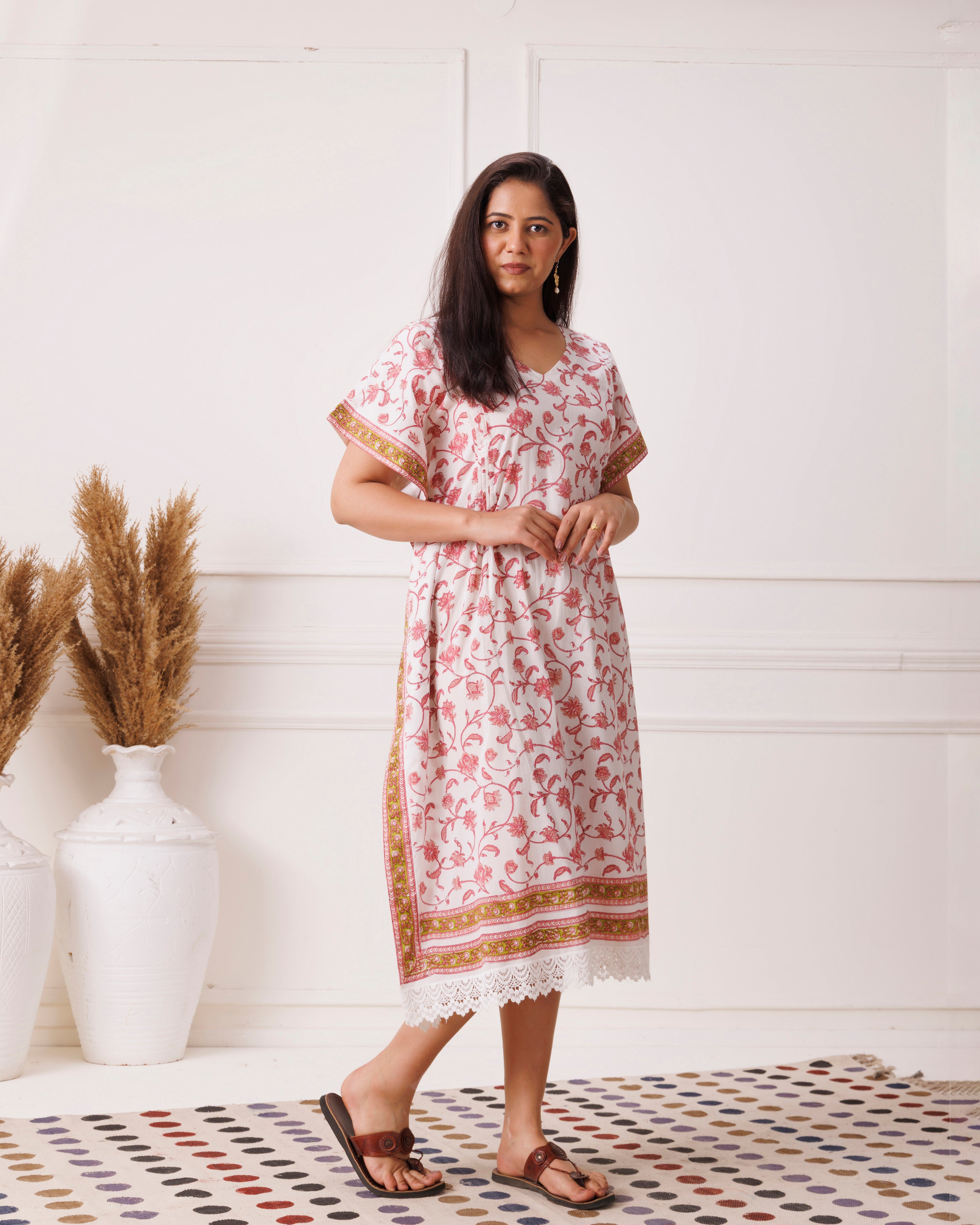 Rose Pink Floral Handblock Printed Cotton Kaftan