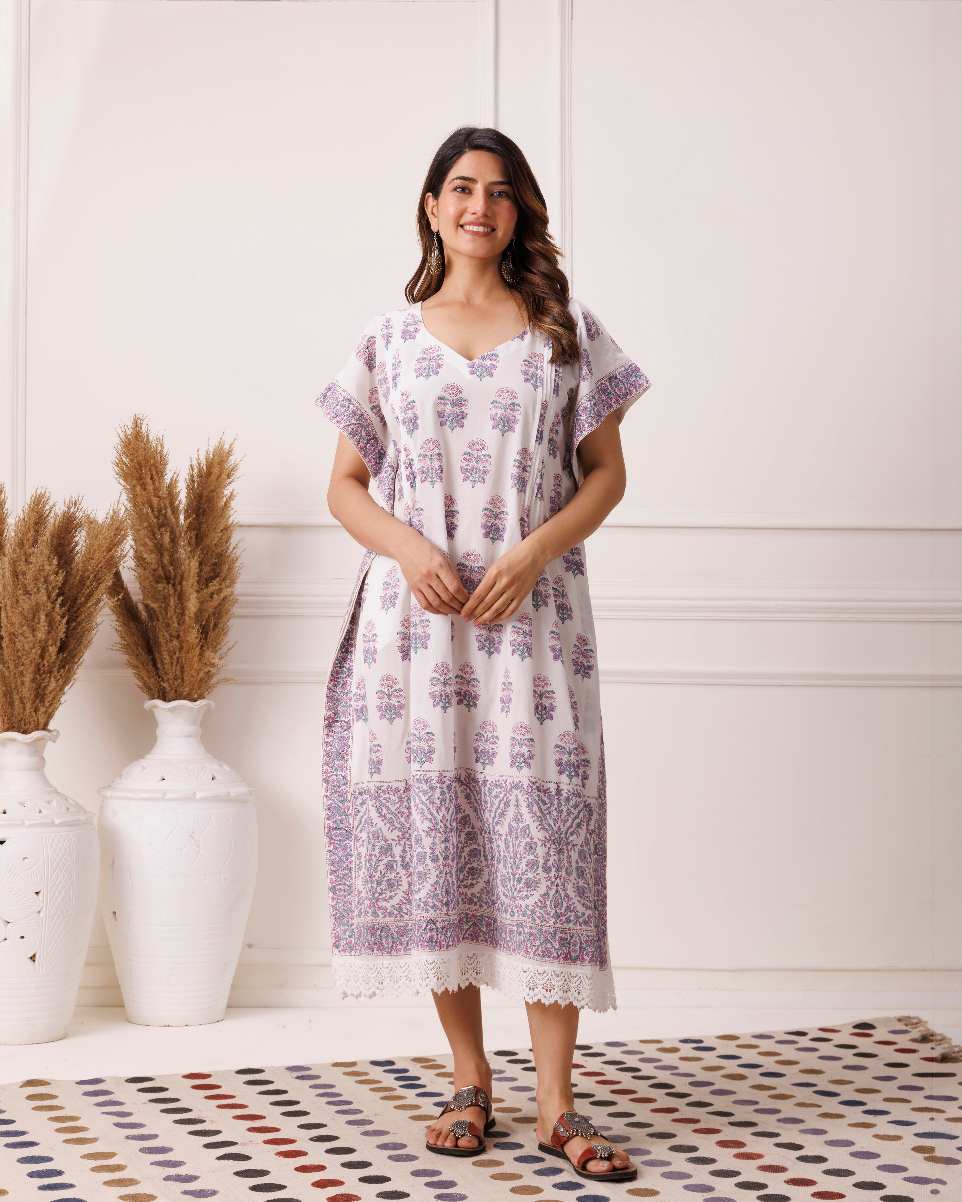 Blue Handblock Printed Cotton Kaftan with Paisley Print