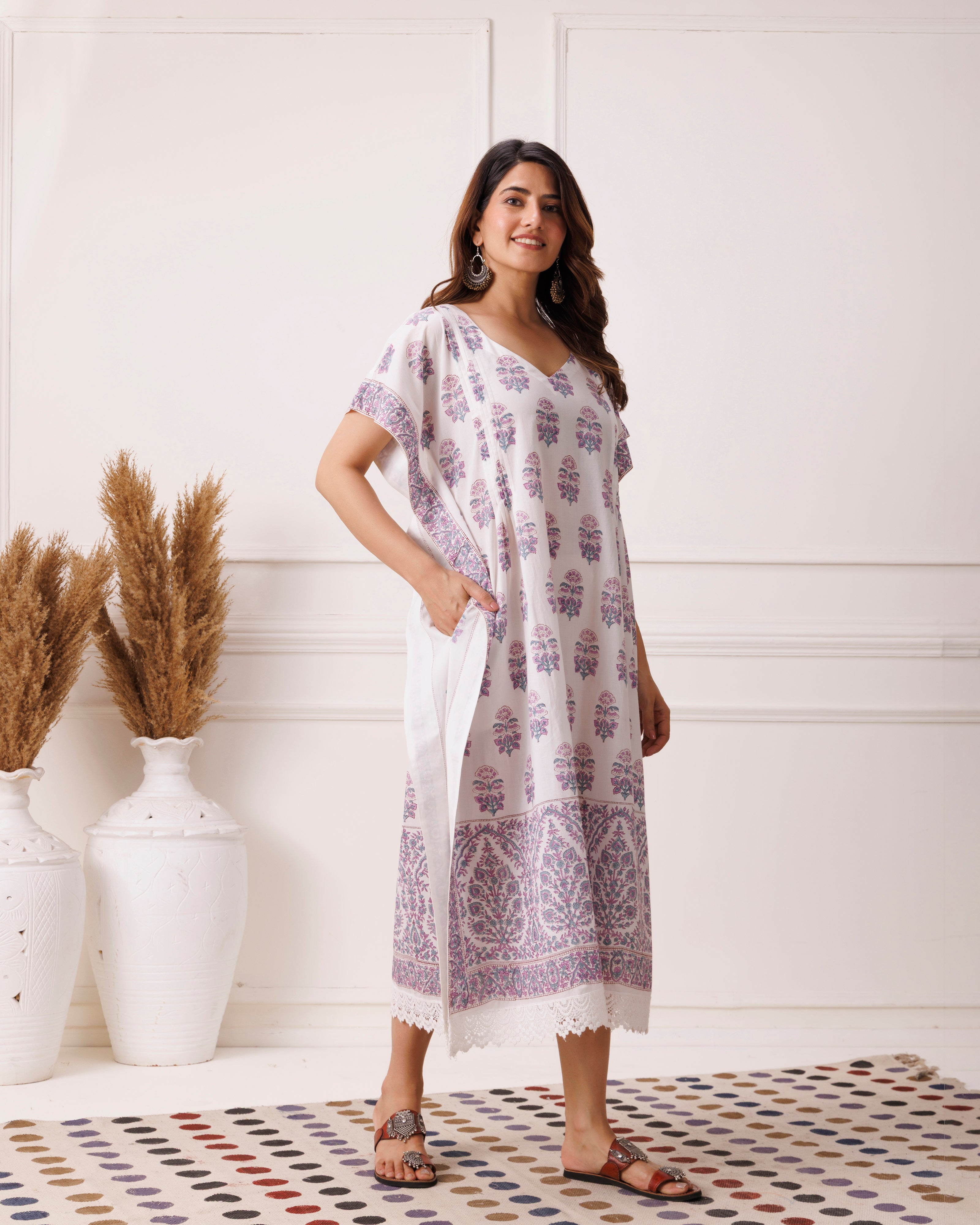 Blue Handblock Printed Cotton Kaftan with Paisley Print