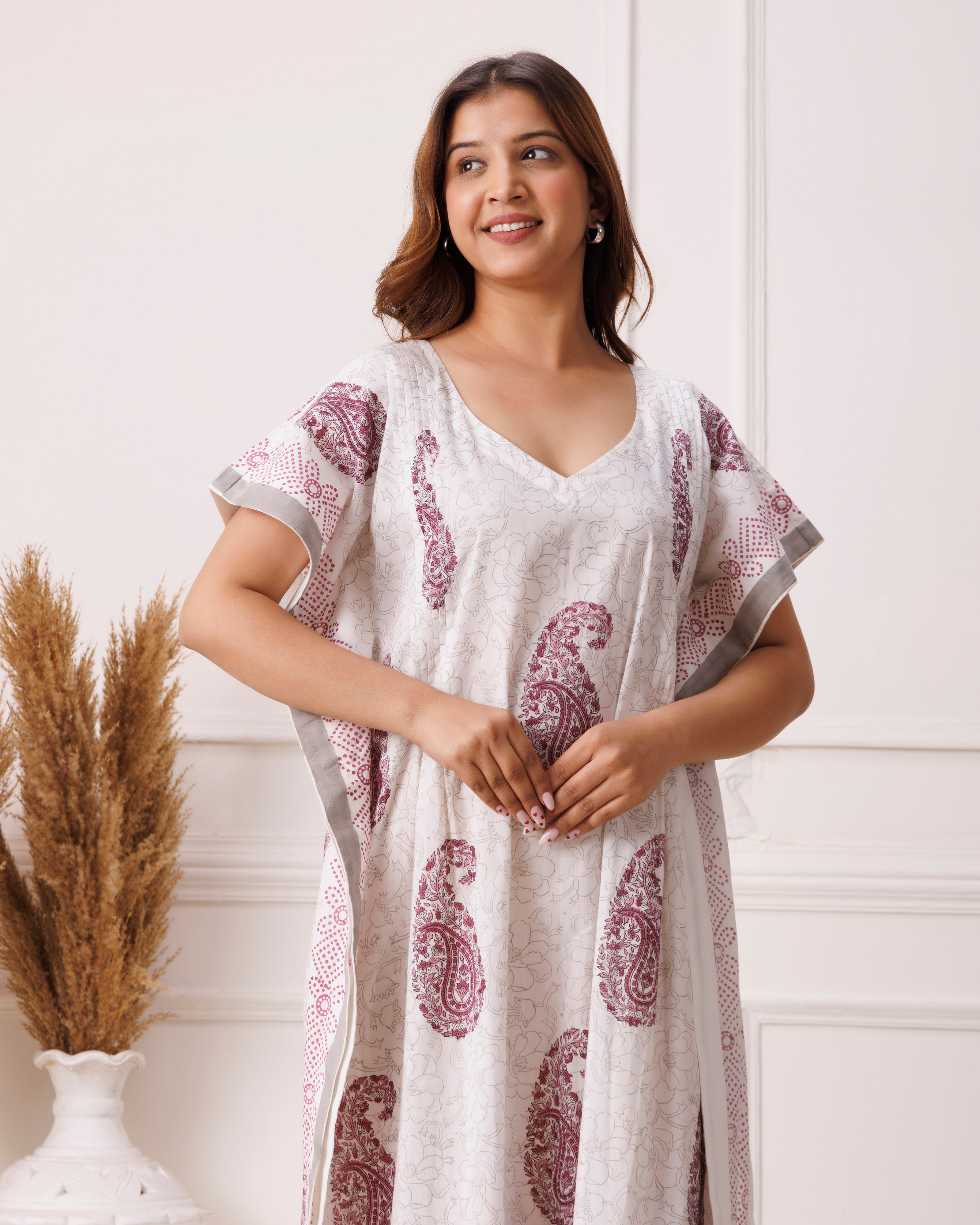 Violet Handblock Printed Cotton Kaftan with Pailey Motifs