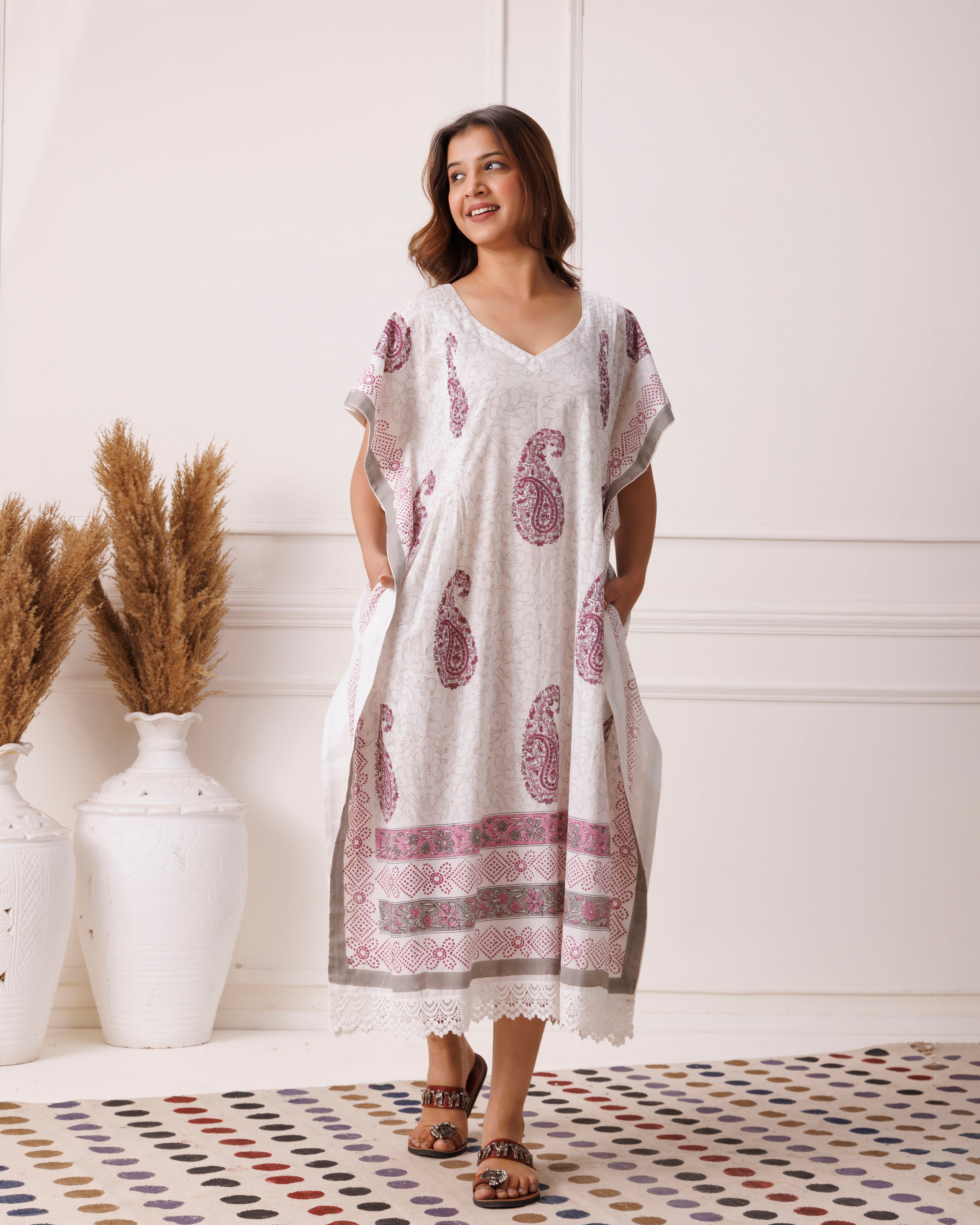 Violet Handblock Printed Cotton Kaftan with Pailey Motifs