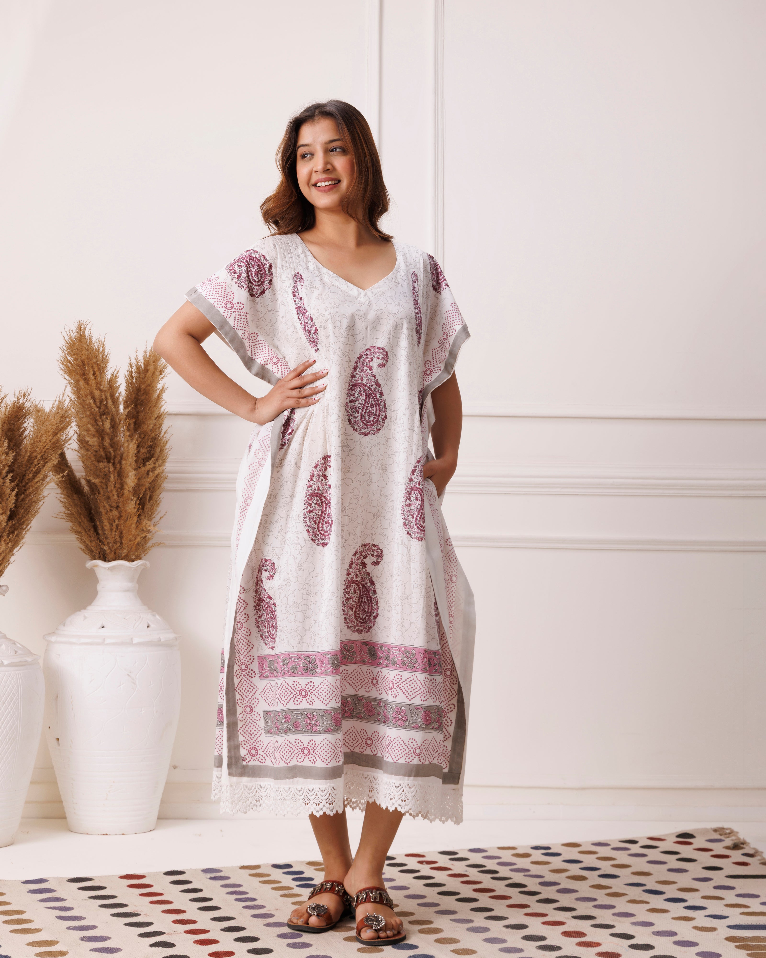 Violet Handblock Printed Cotton Kaftan with Pailey Motifs