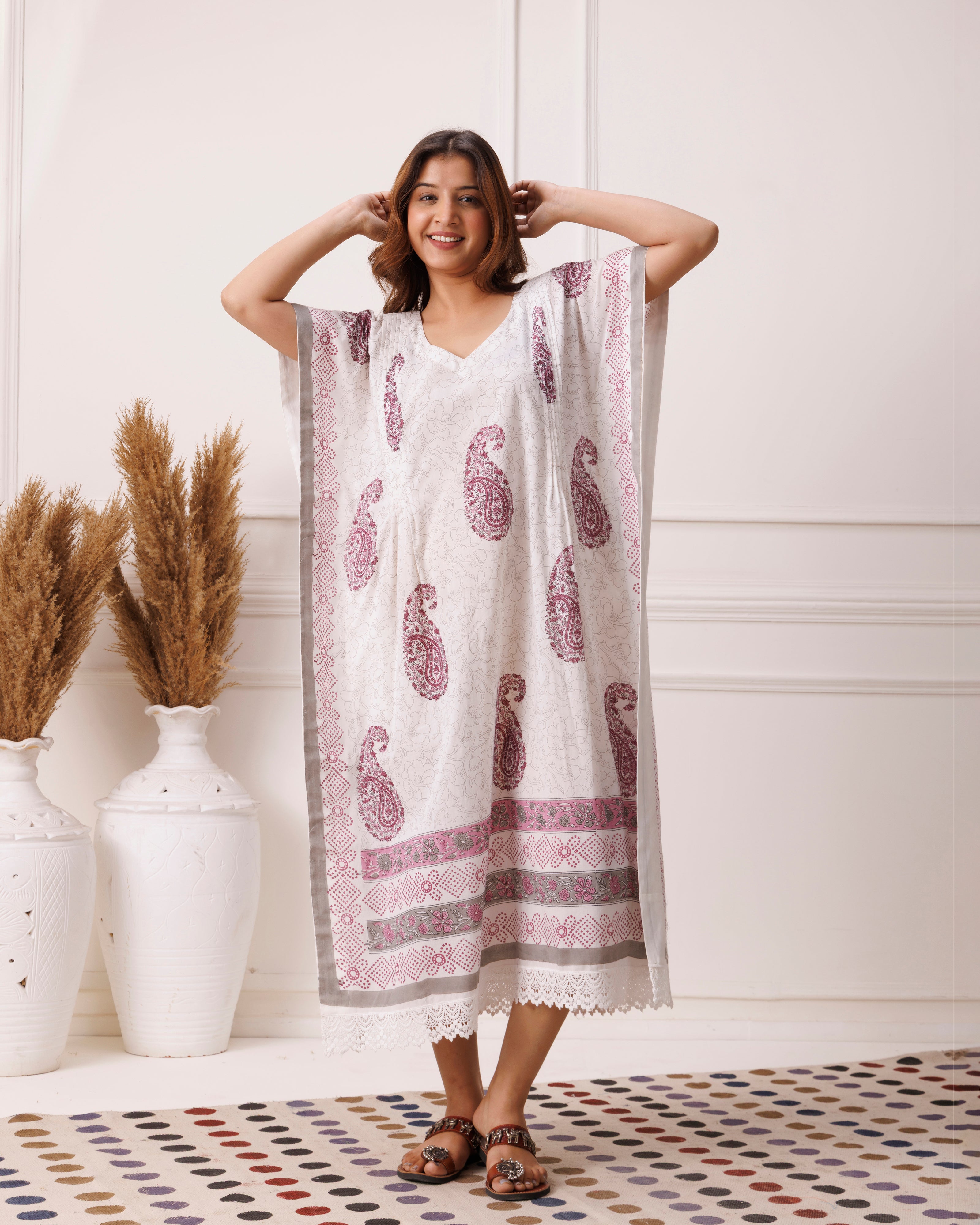 Violet Handblock Printed Cotton Kaftan with Pailey Motifs