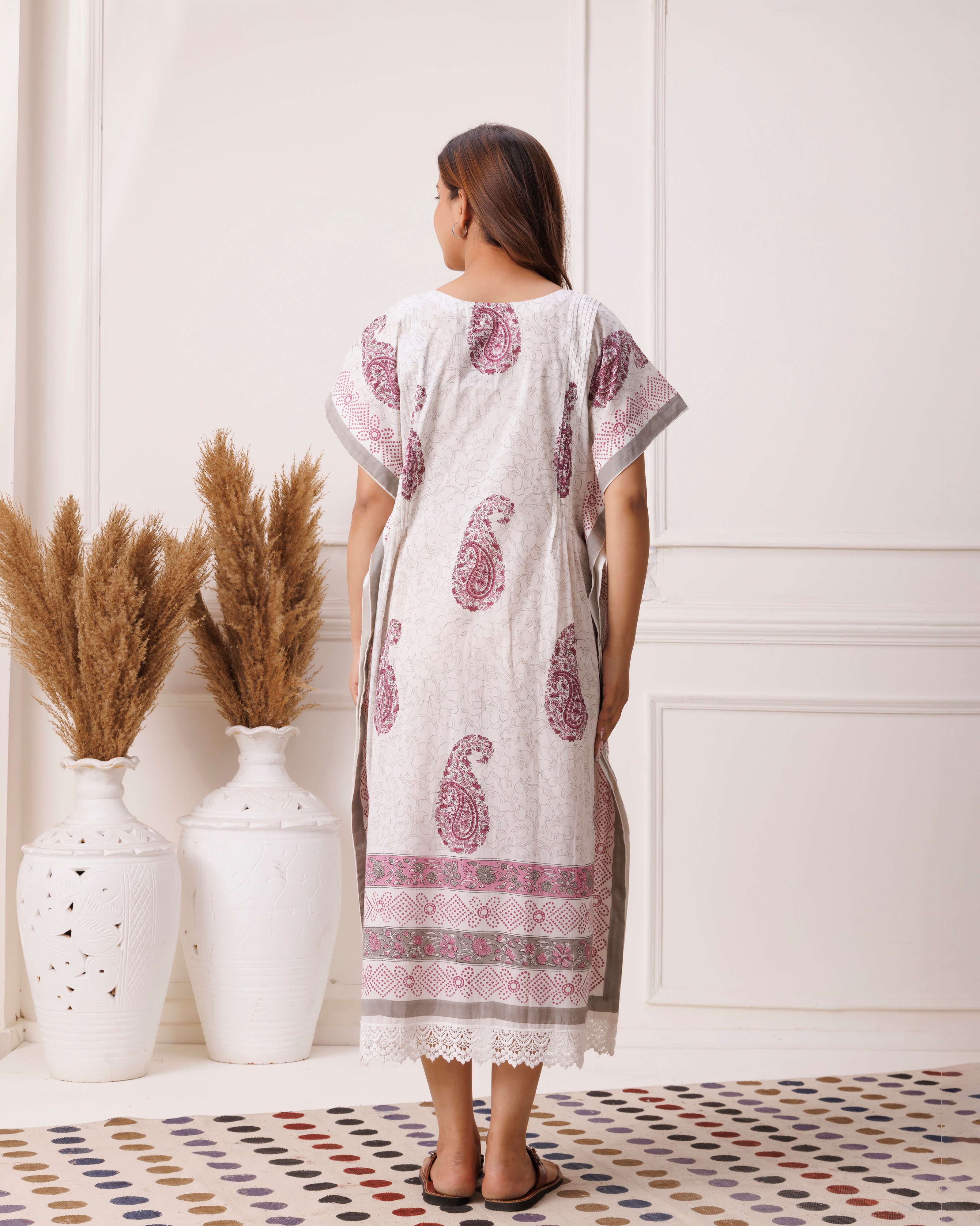 Violet Handblock Printed Cotton Kaftan with Pailey Motifs