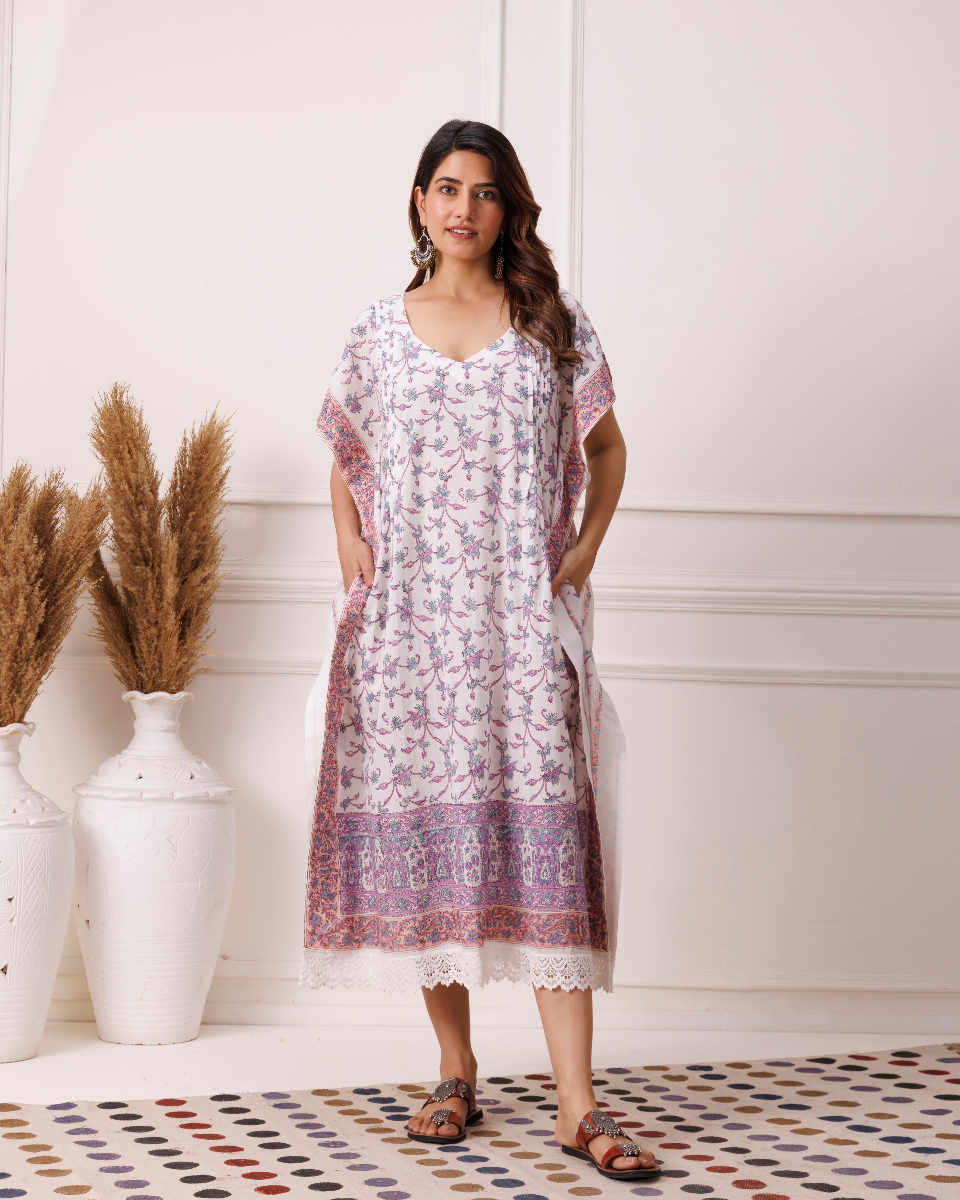 Lavender Handblock Printed Cotton Kaftan