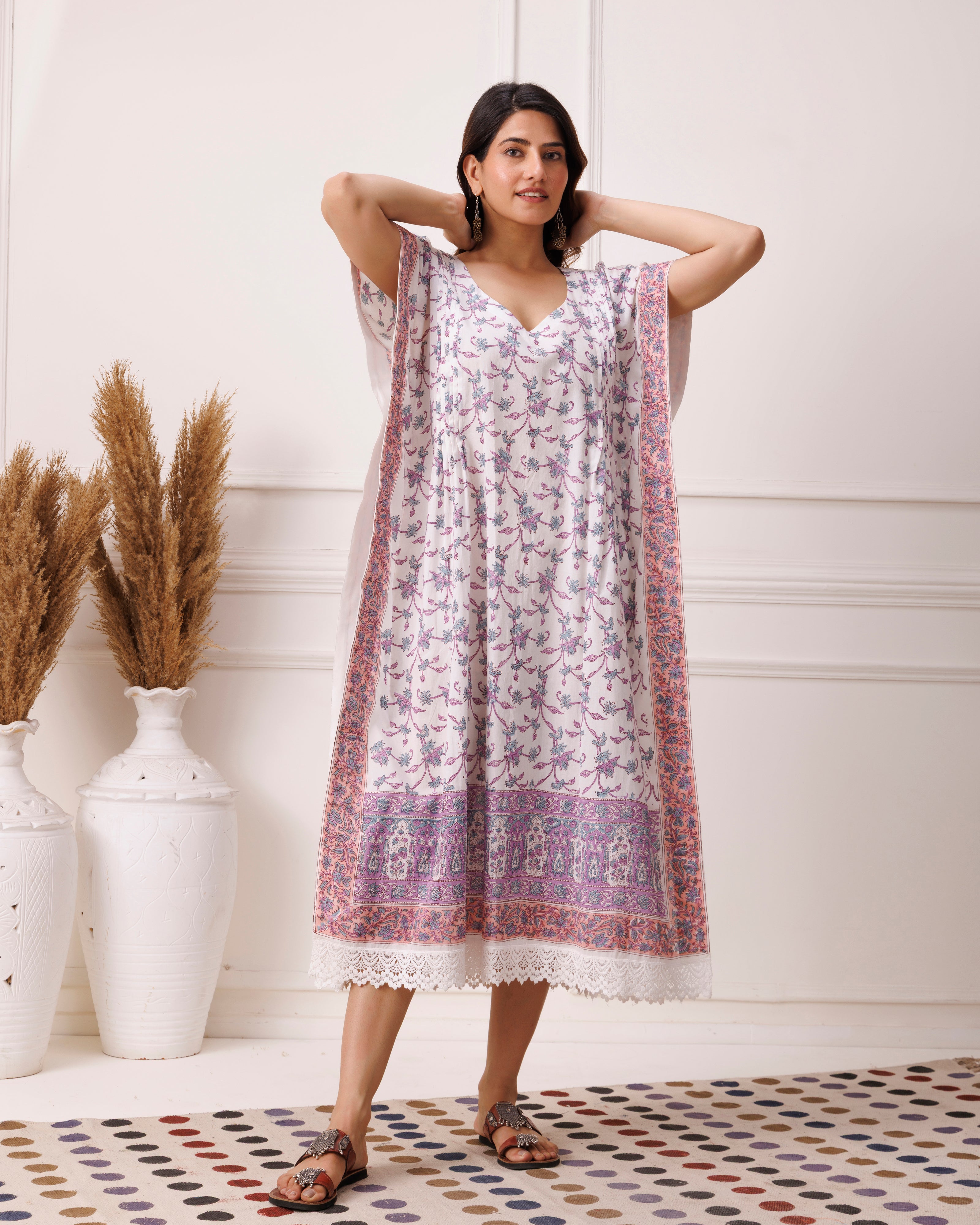 Lavender Handblock Printed Cotton Kaftan