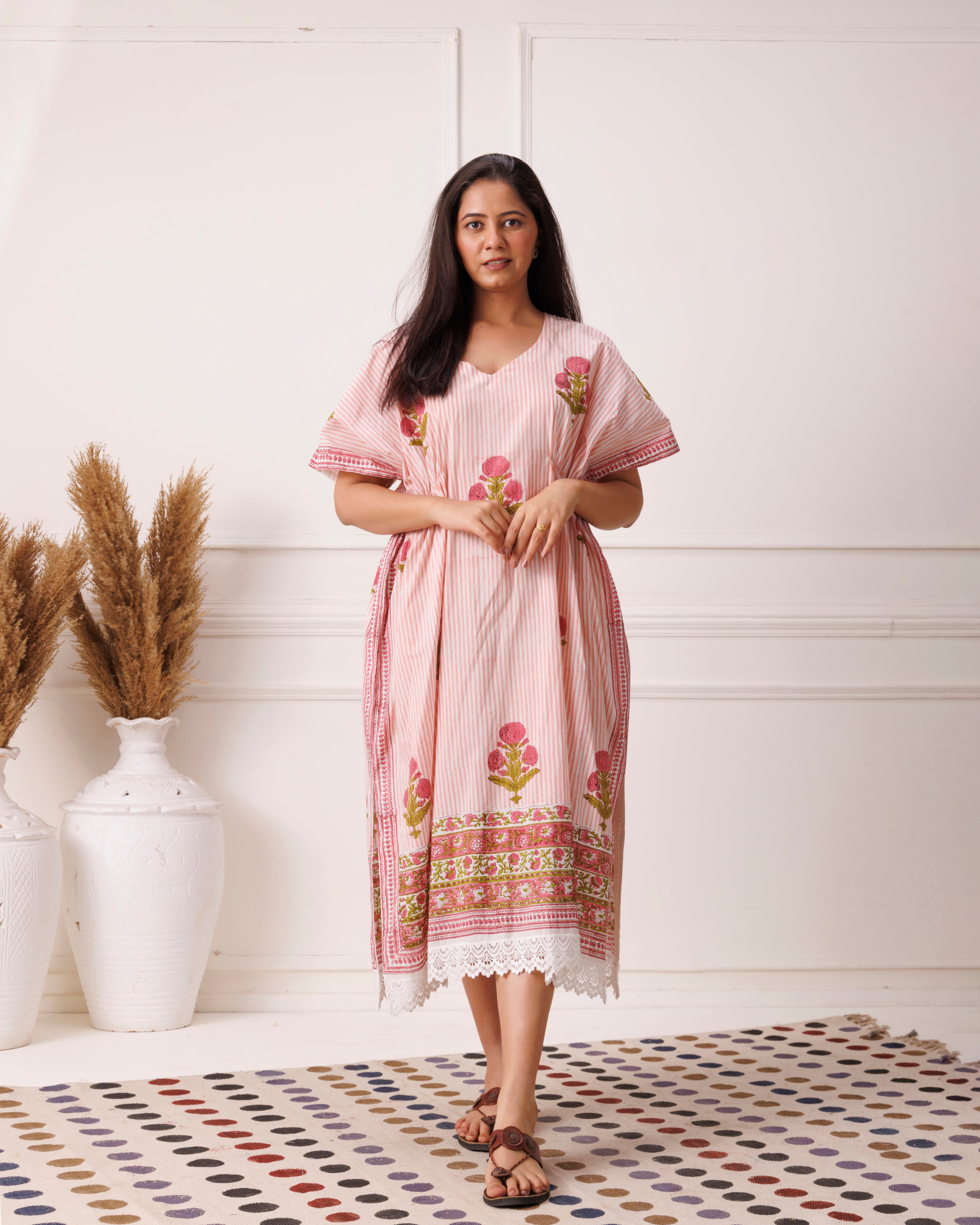 Blush Pink Handblock Printed Cotton Kaftan