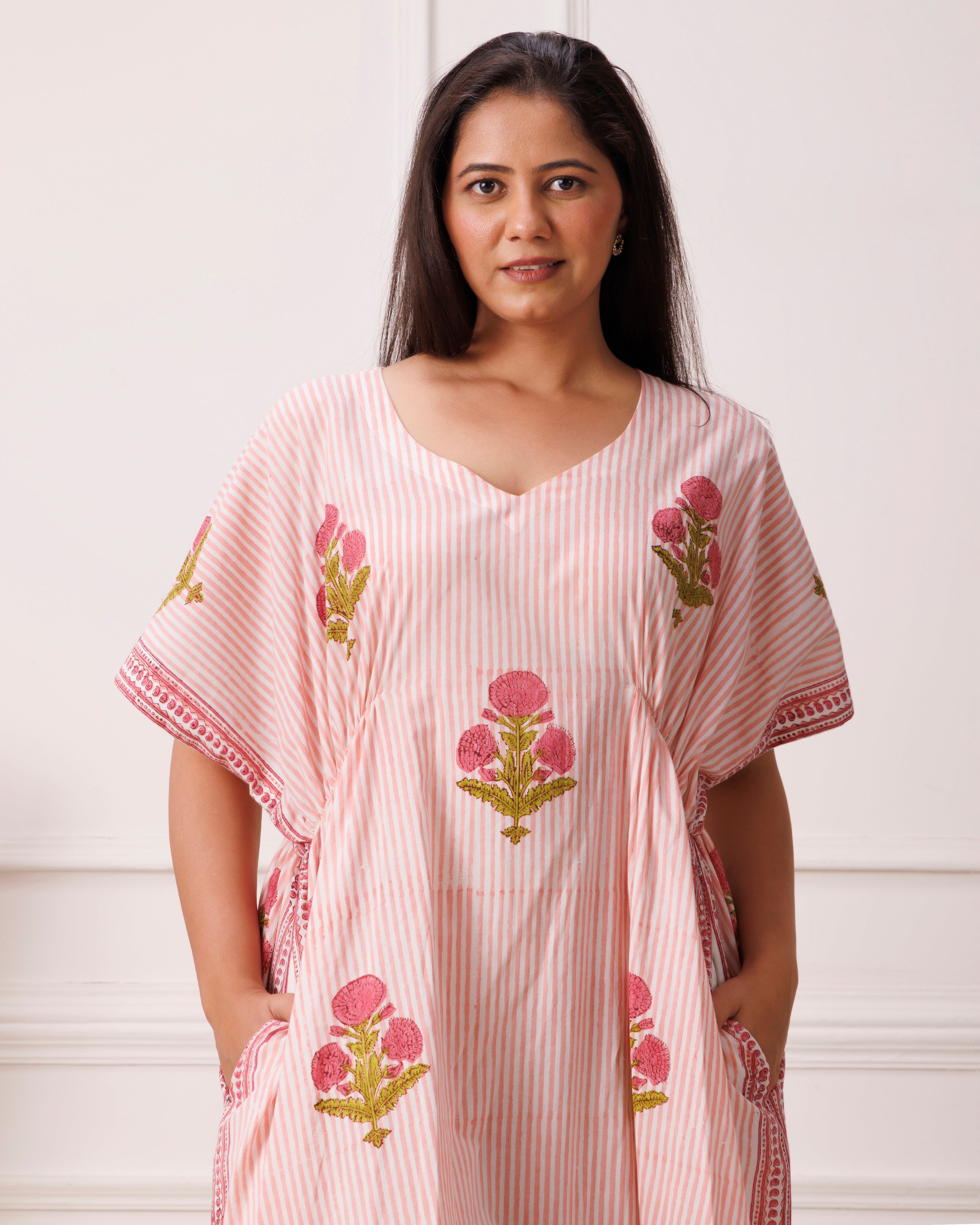 Blush Pink Handblock Printed Cotton Kaftan