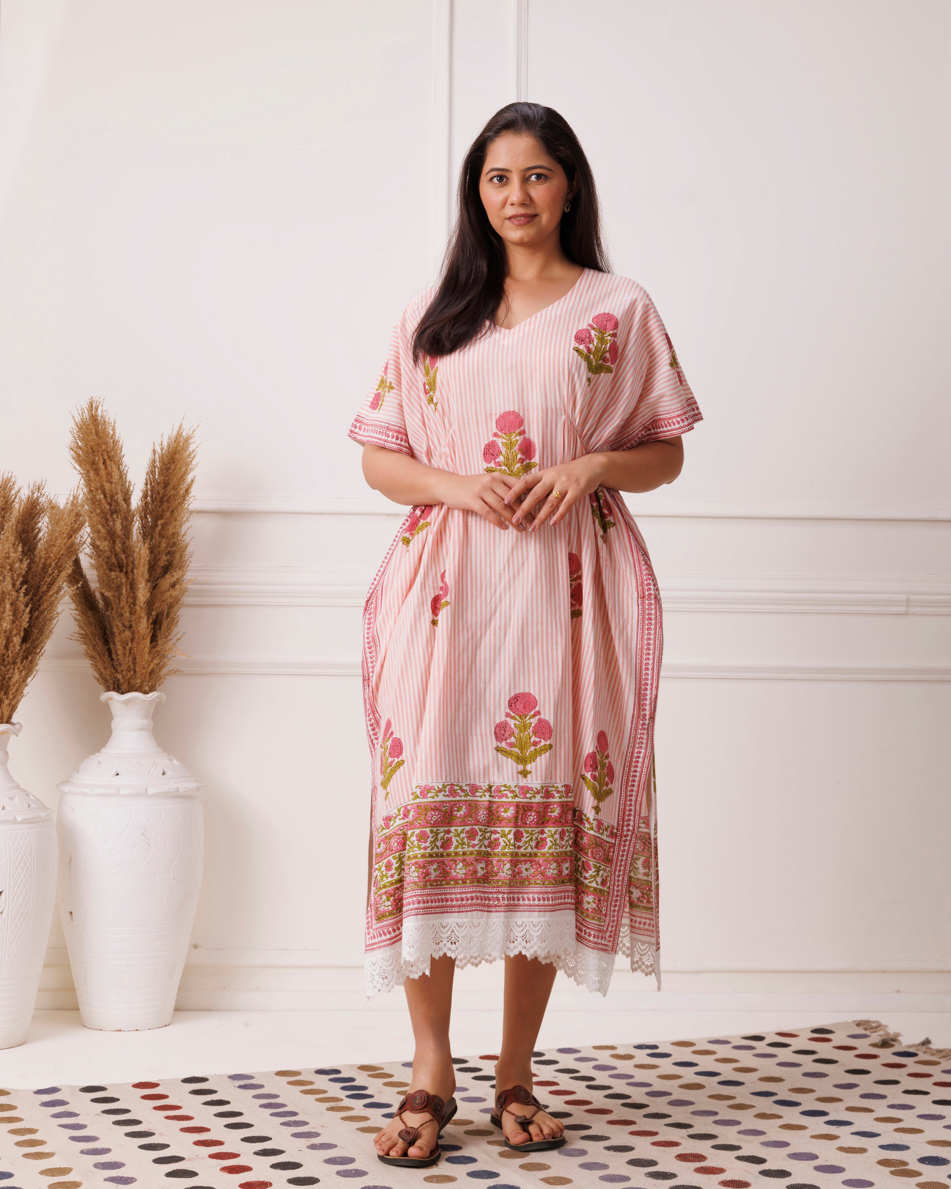 Blush Pink Handblock Printed Cotton Kaftan