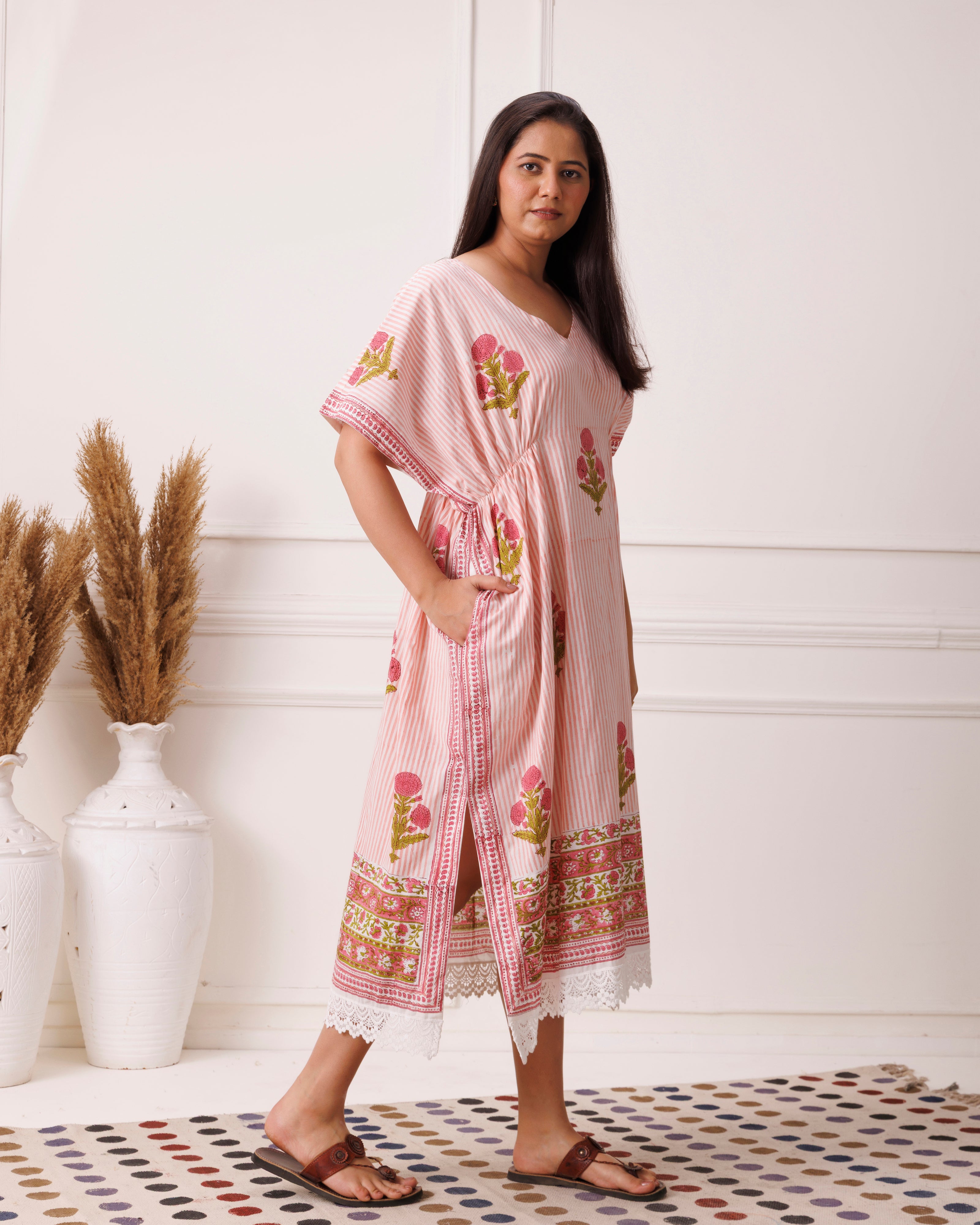 Blush Pink Handblock Printed Cotton Kaftan