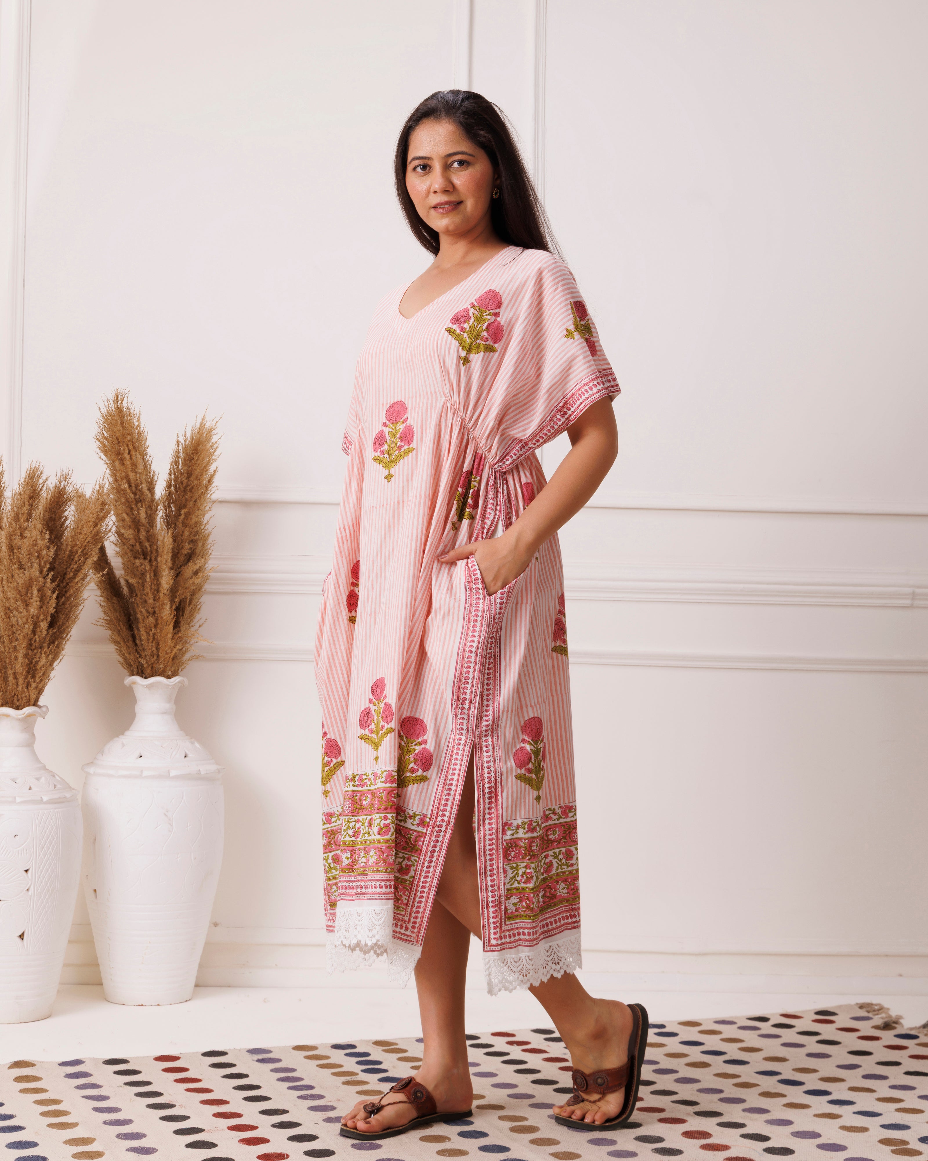 Blush Pink Handblock Printed Cotton Kaftan