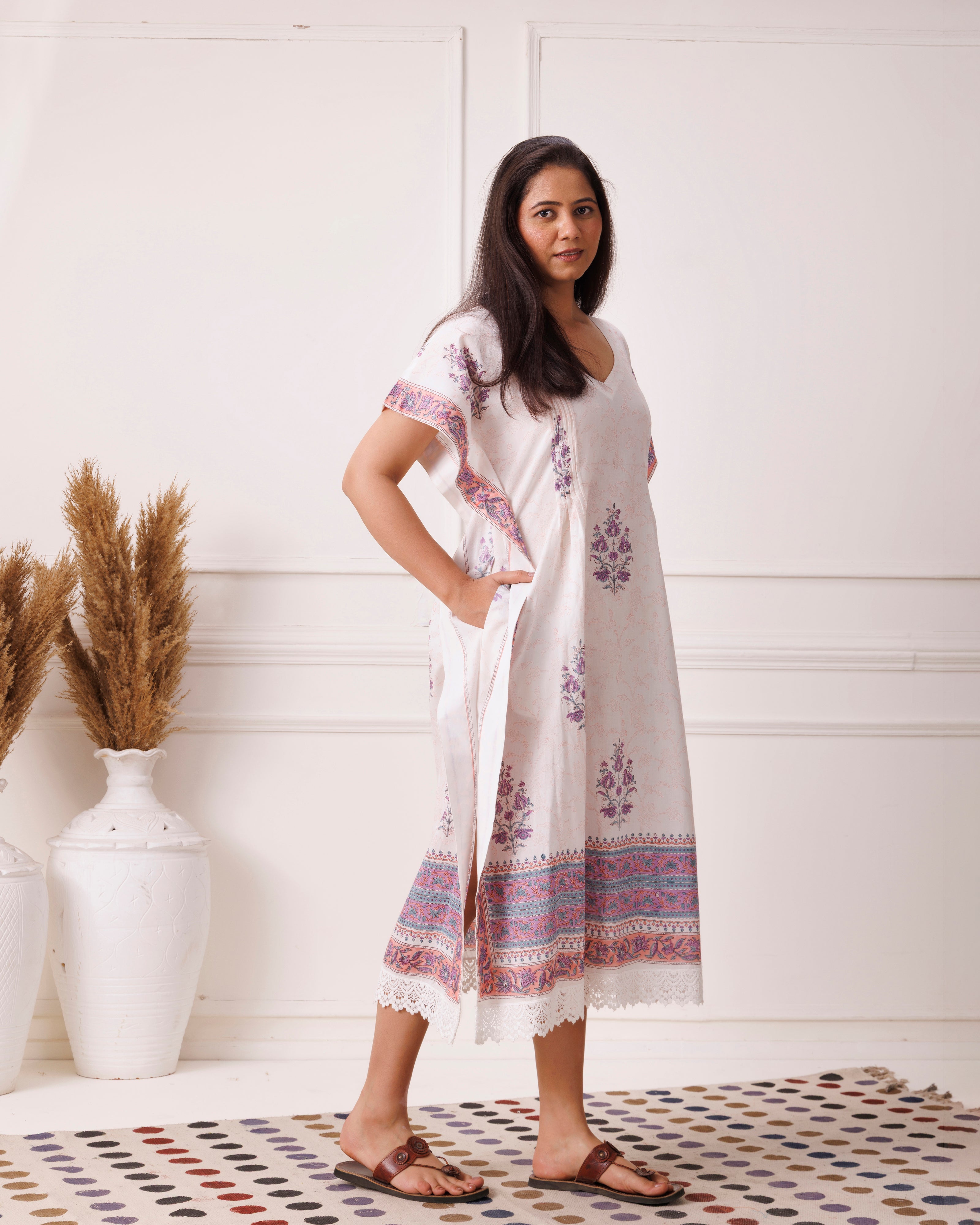 White Handblock Printed Cotton Kaftan