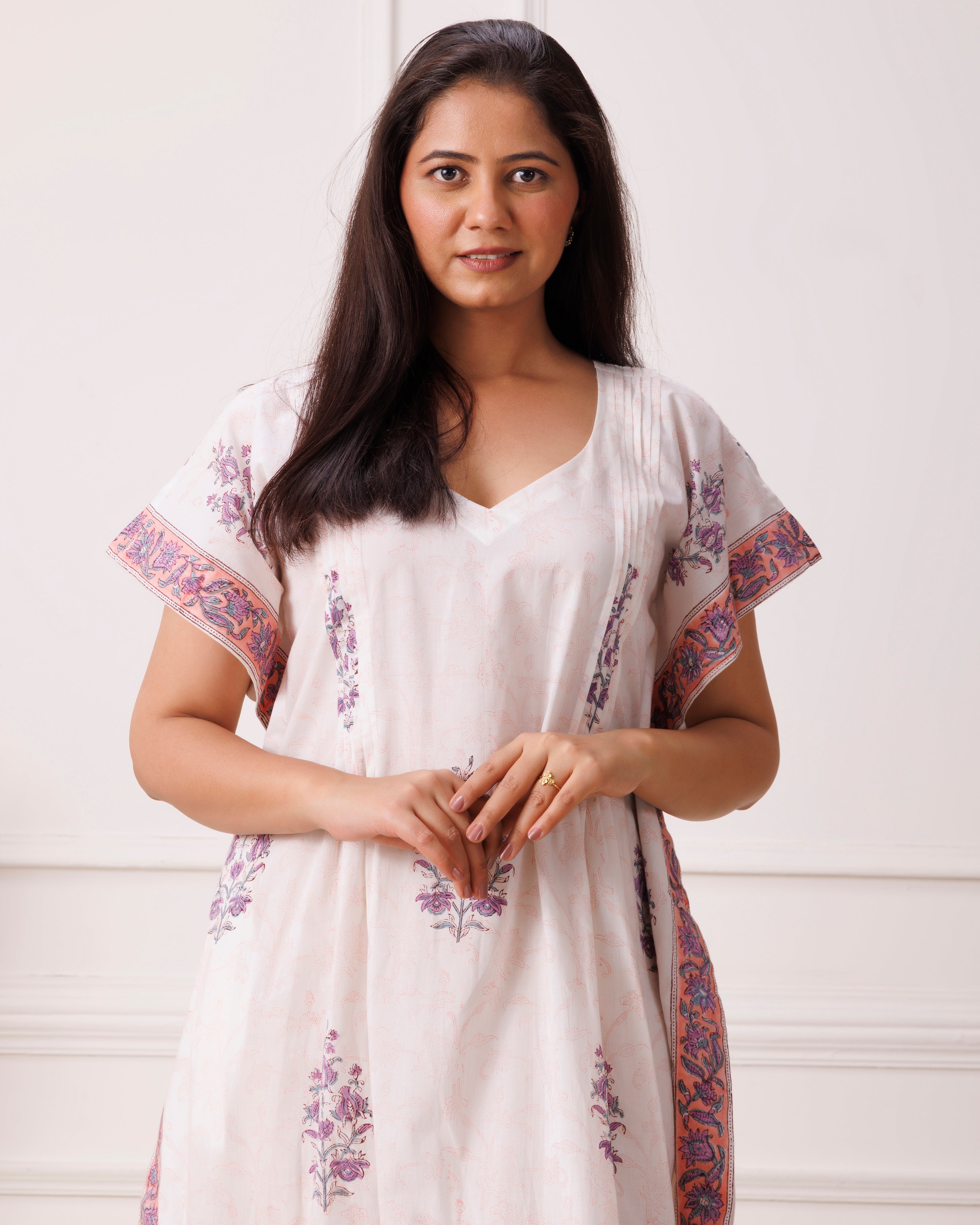 White Handblock Printed Cotton Kaftan