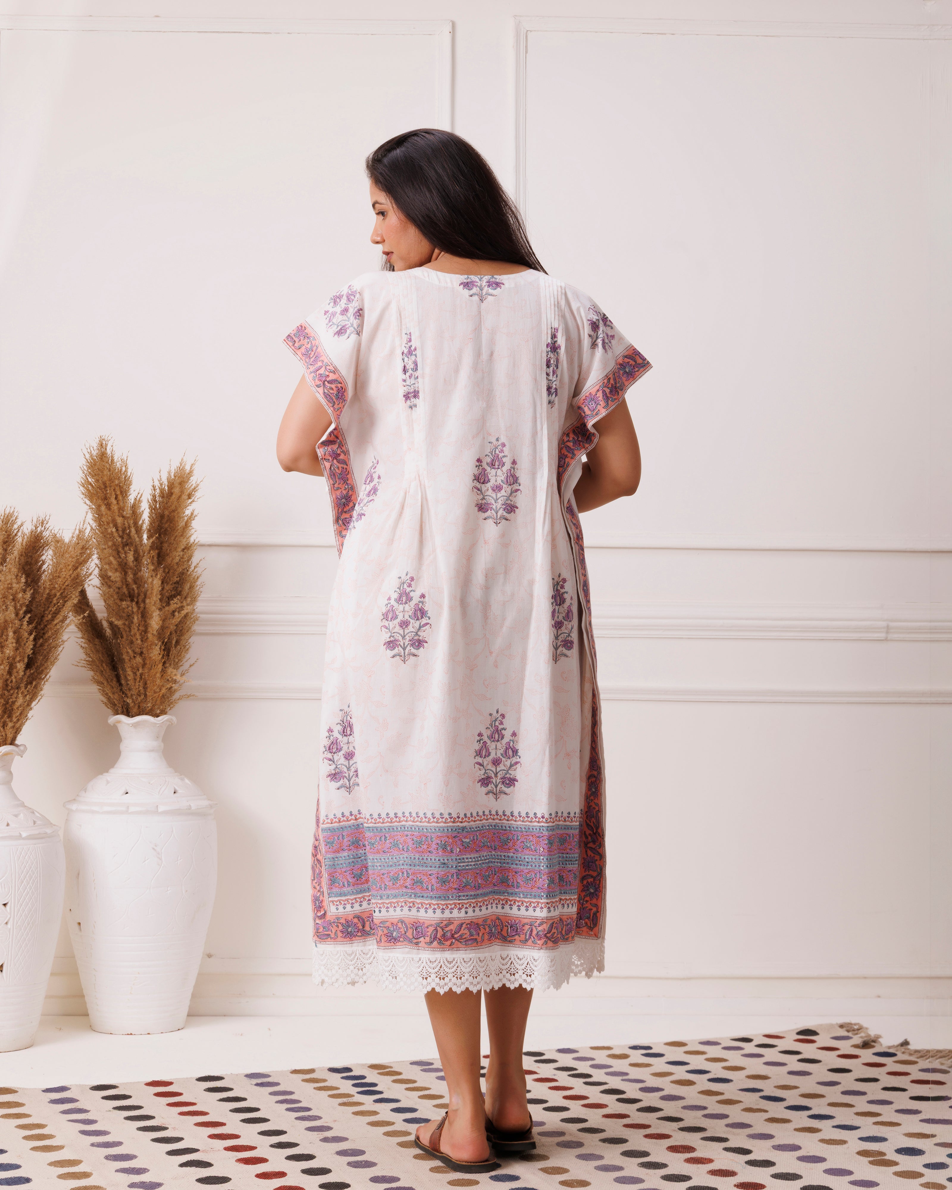 White Handblock Printed Cotton Kaftan