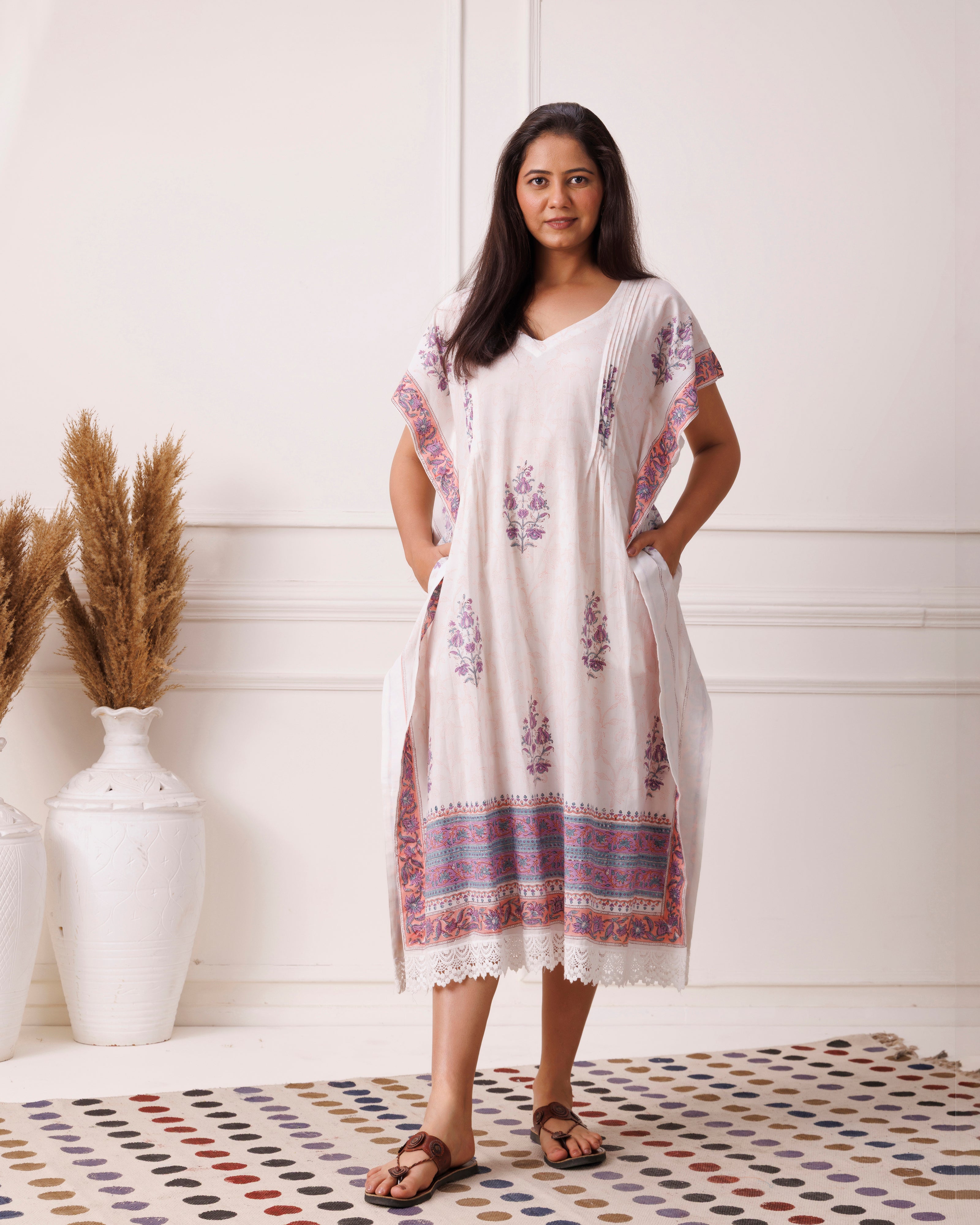 White Handblock Printed Cotton Kaftan