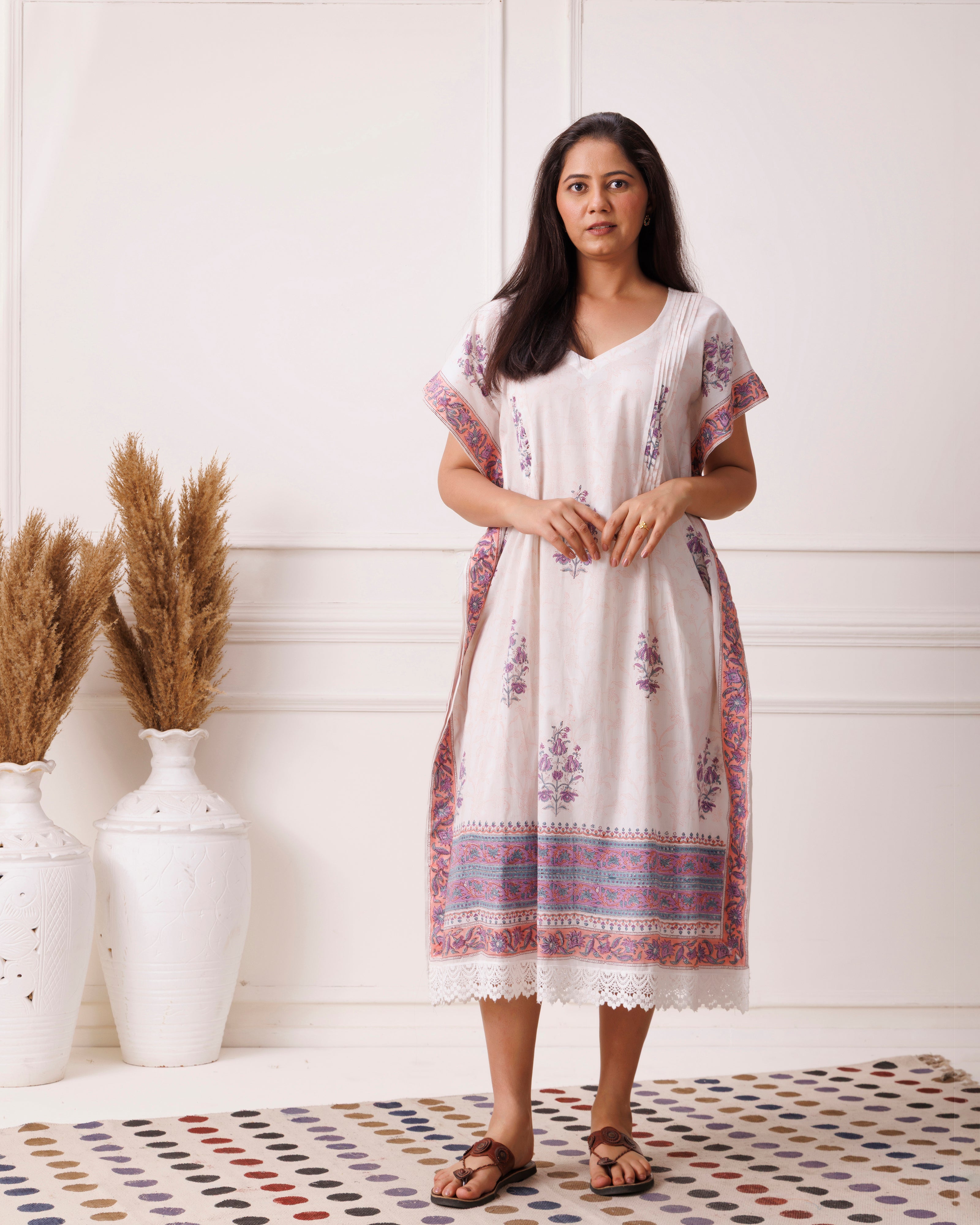 White Handblock Printed Cotton Kaftan