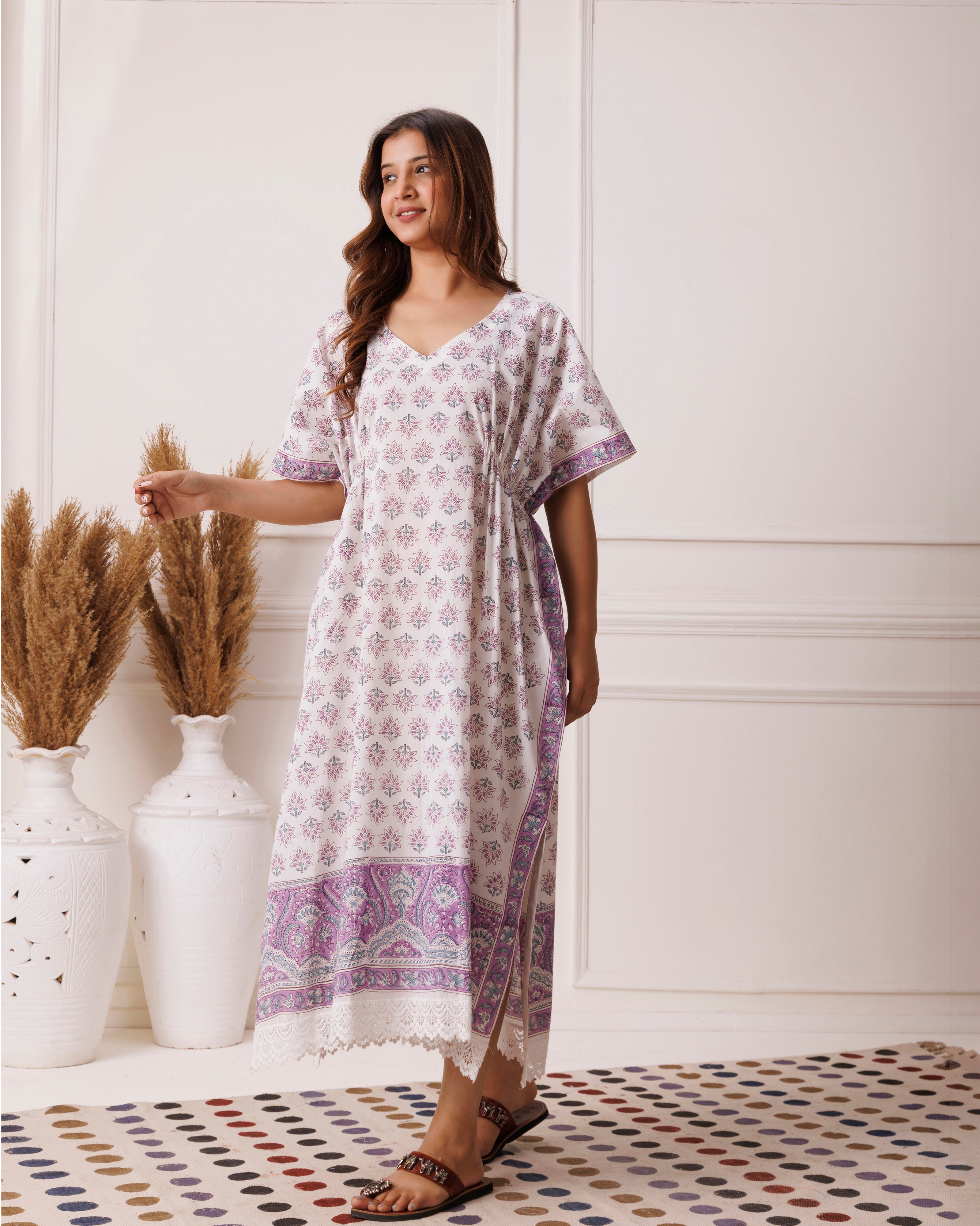 Purple Handblock Printed Cotton Kaftan with Paisley