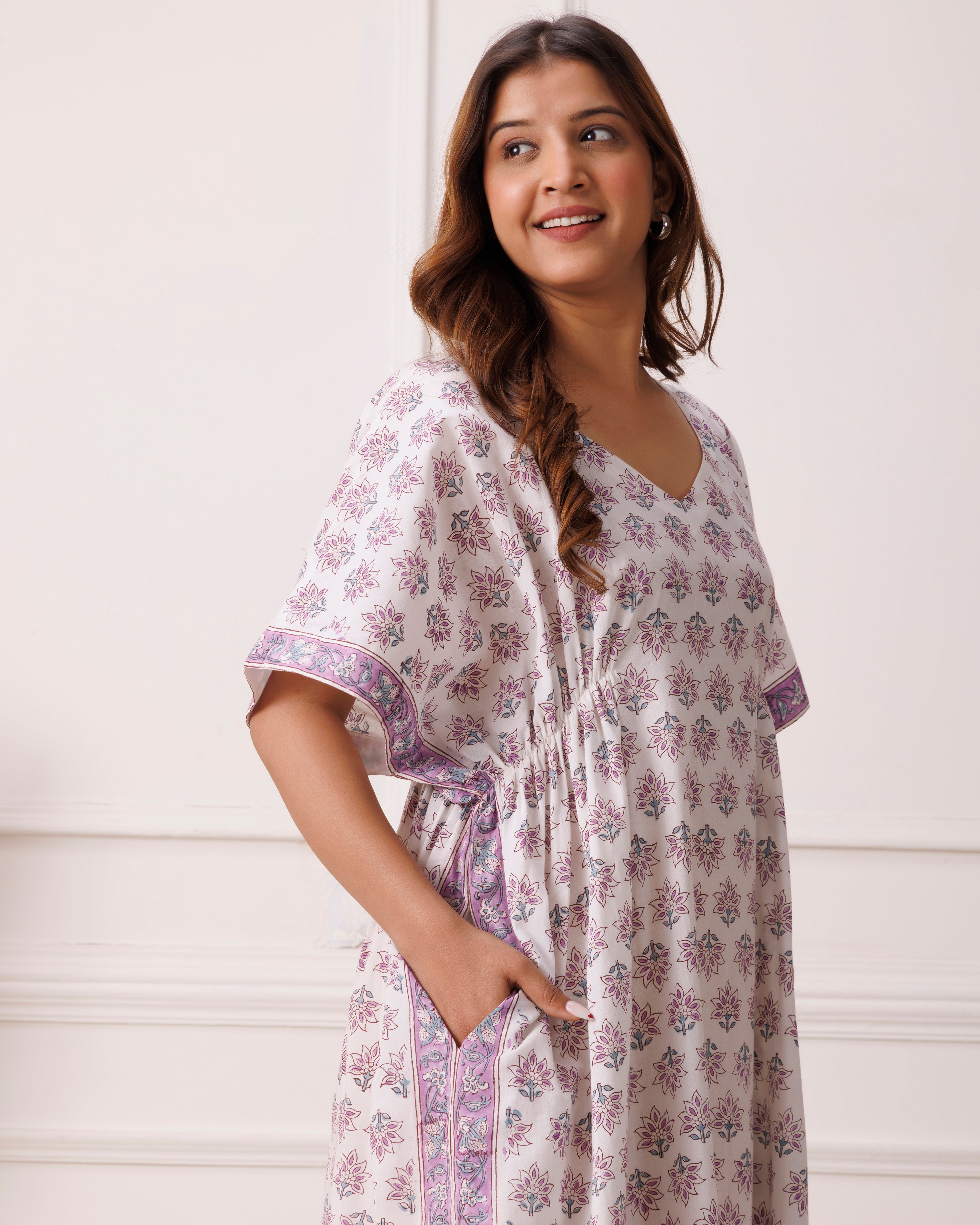 Purple Handblock Printed Cotton Kaftan with Paisley