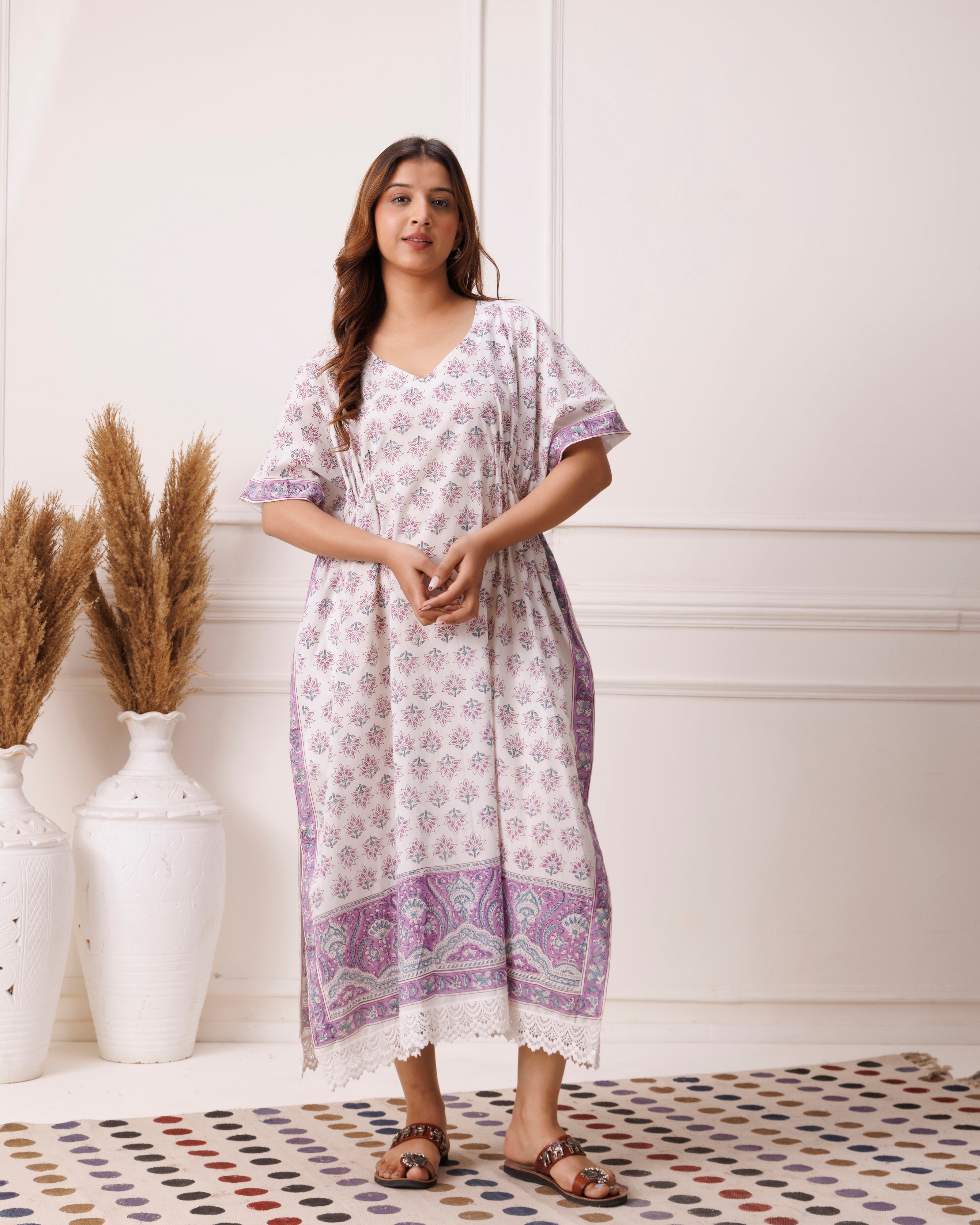Purple Handblock Printed Cotton Kaftan with Paisley