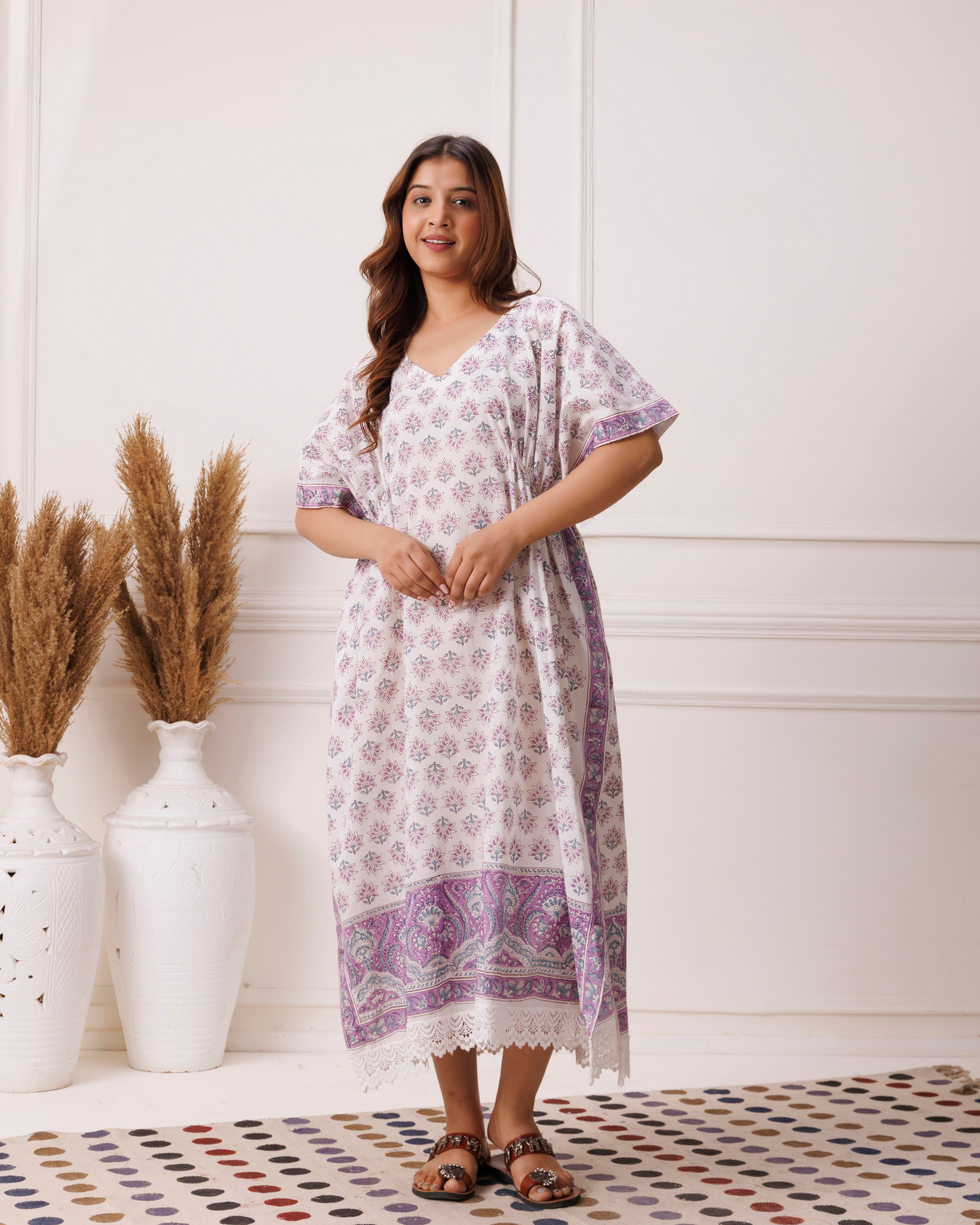 Purple Handblock Printed Cotton Kaftan with Paisley