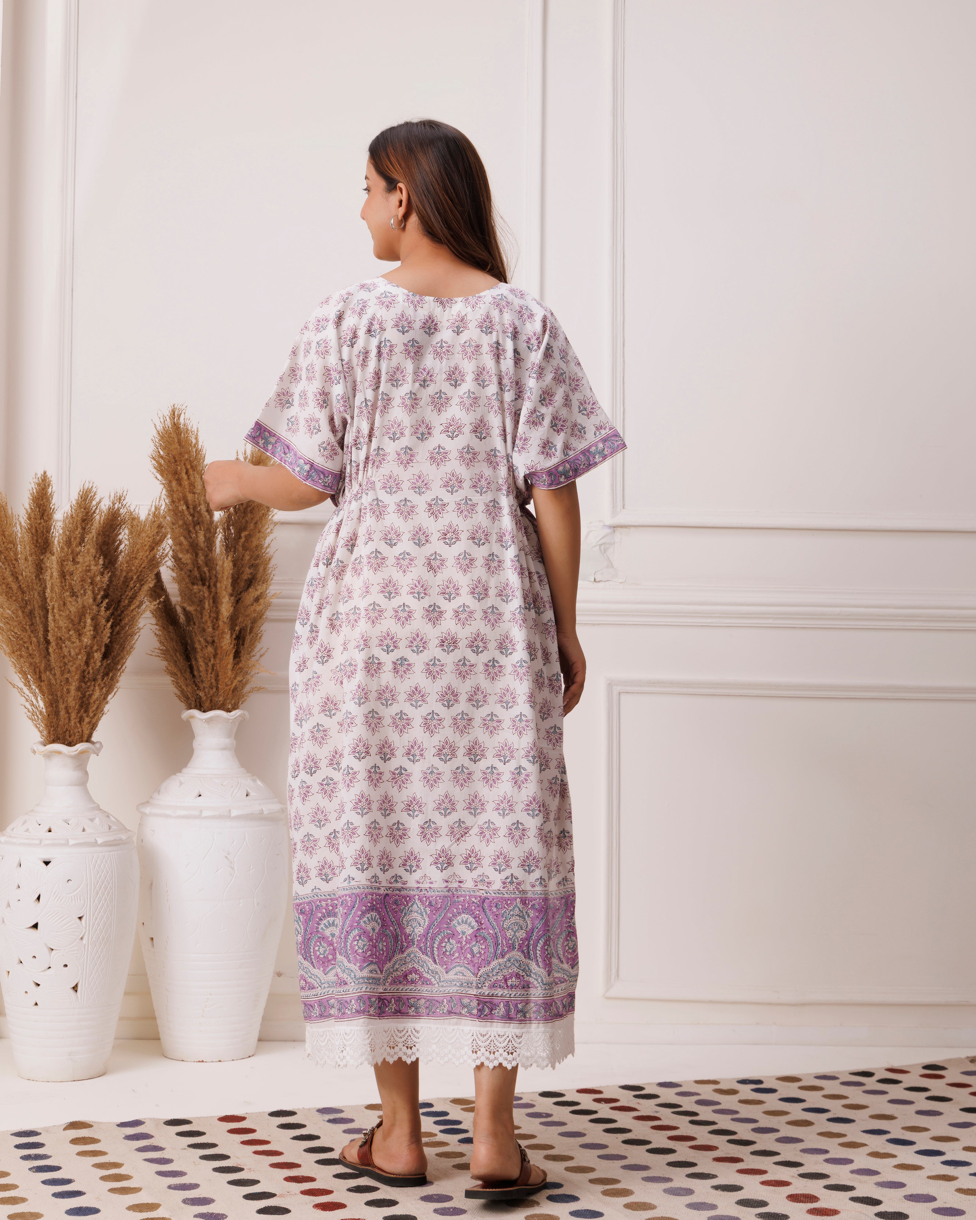 Purple Handblock Printed Cotton Kaftan with Paisley