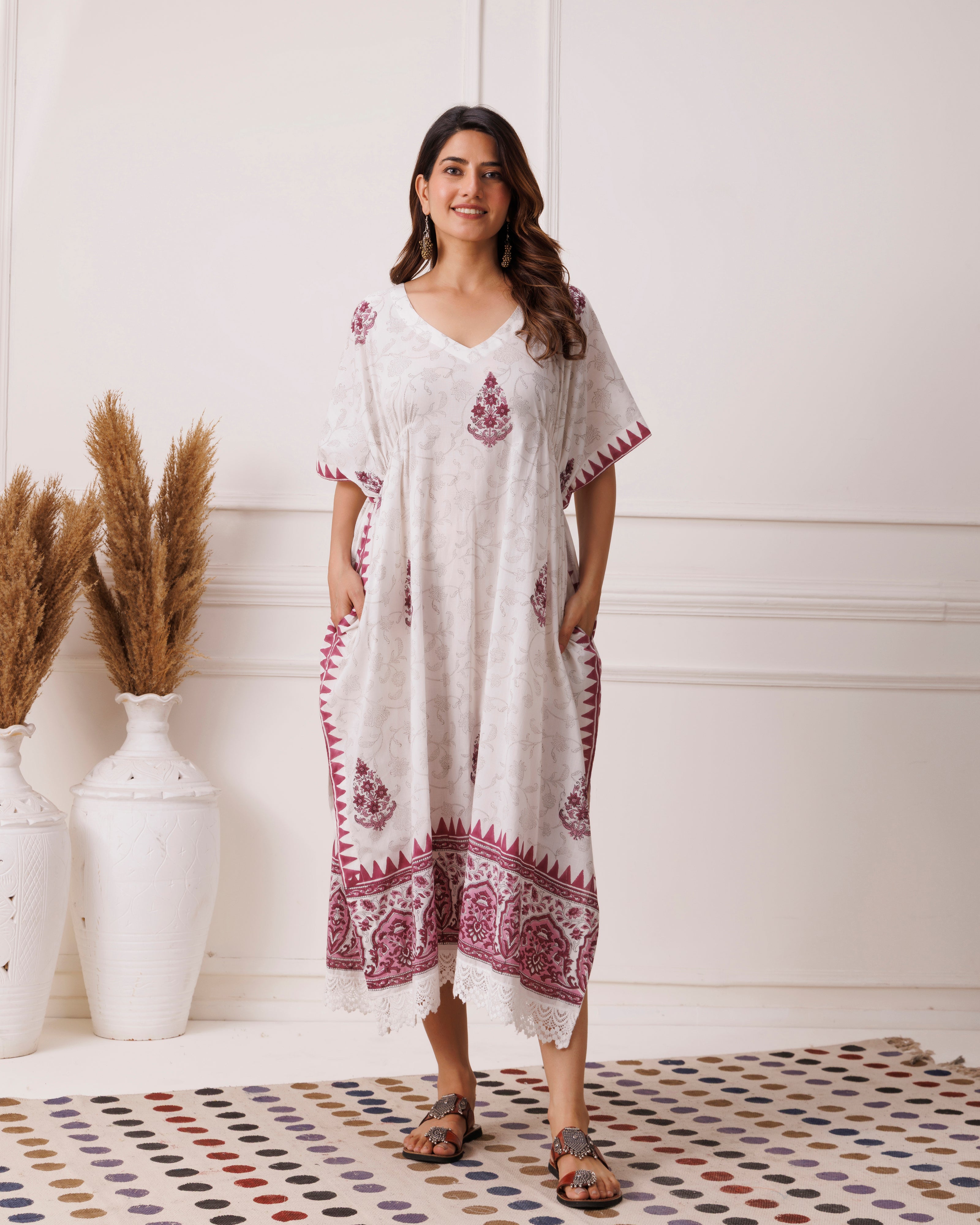 Wine floral handblock printed cotton kaftan