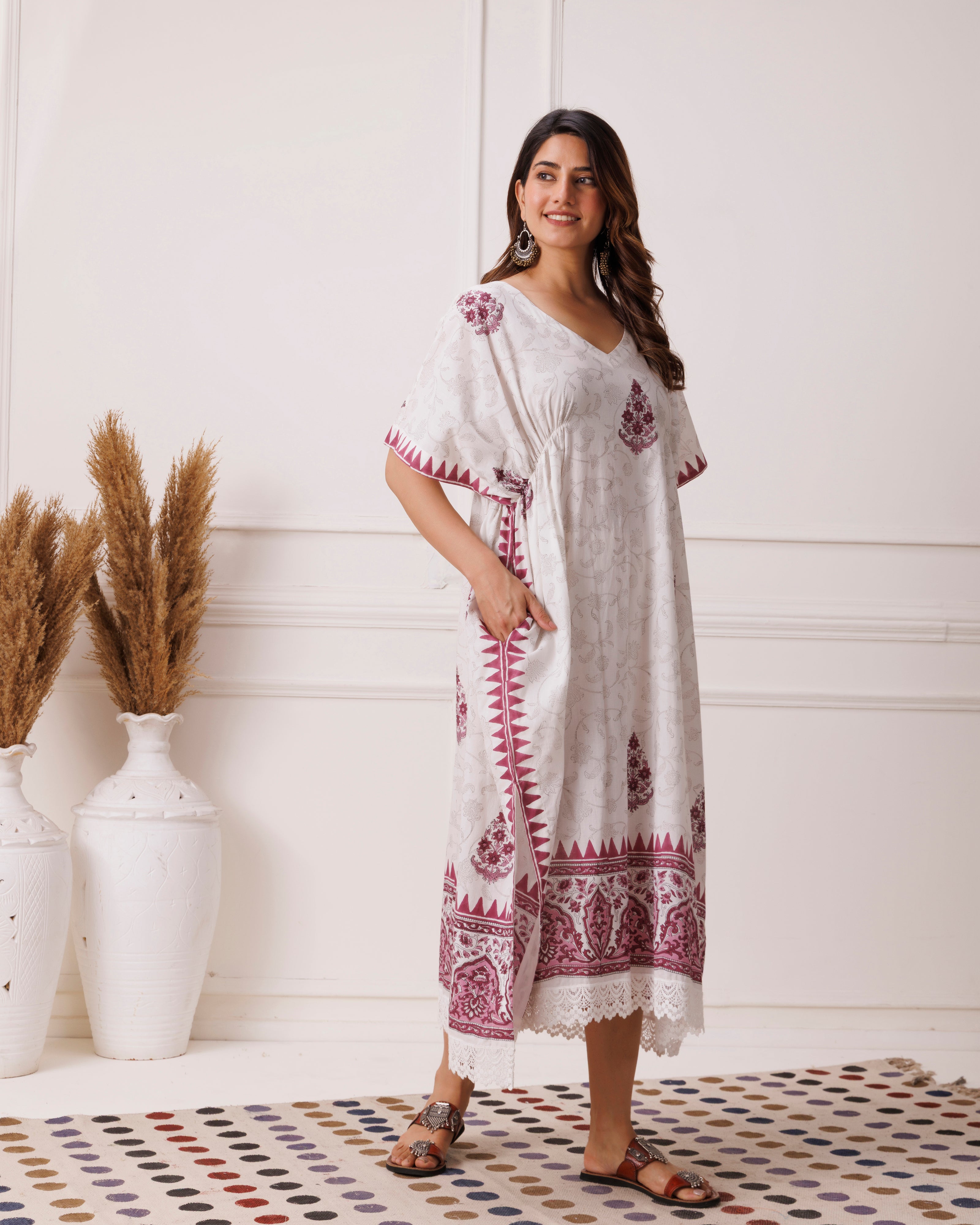 Wine floral handblock printed cotton kaftan
